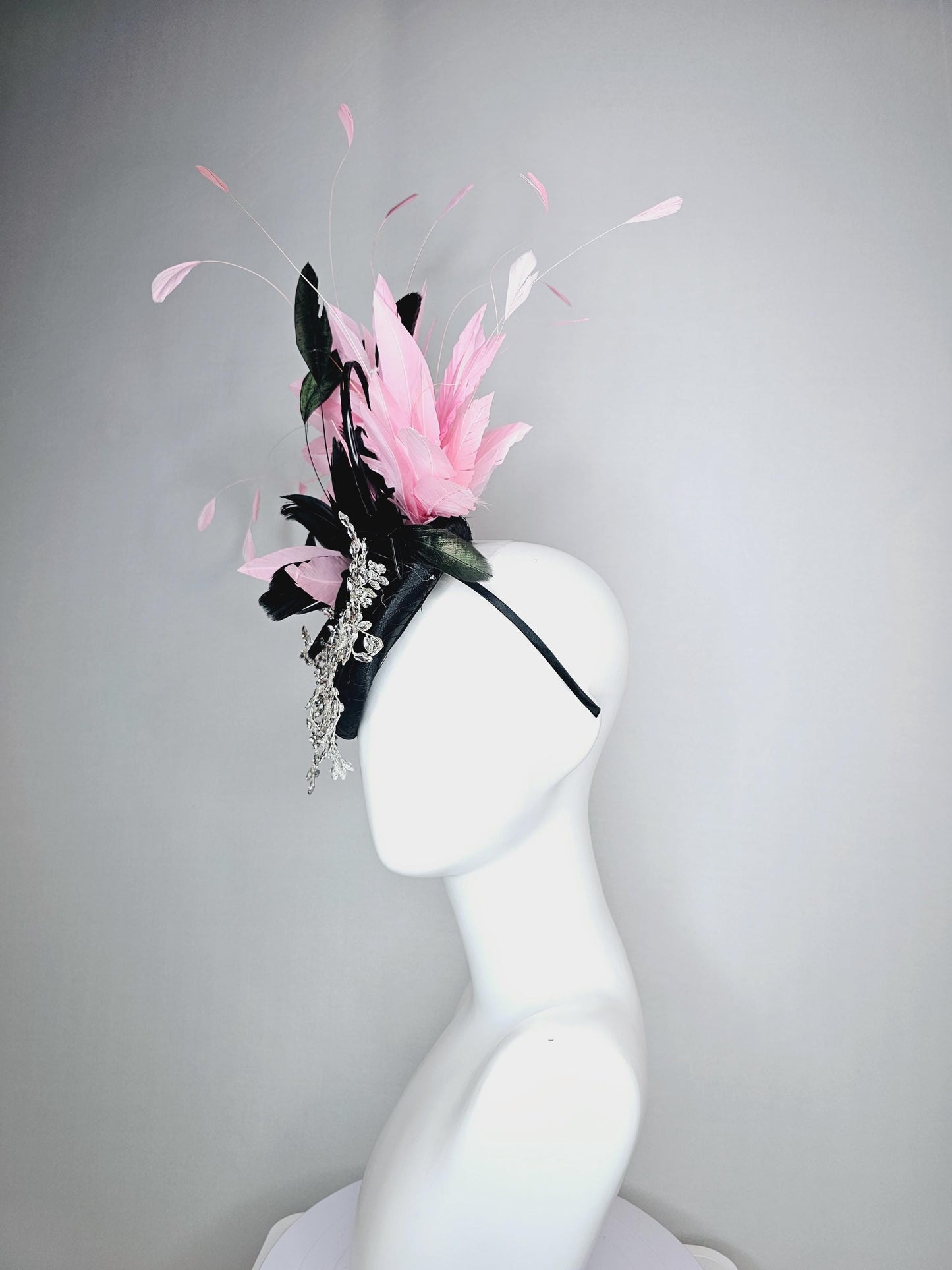 kentucky derby hat fascinator black satin with netting leaf vine crystal clear rhinestone black feather flower light pink branching feathers