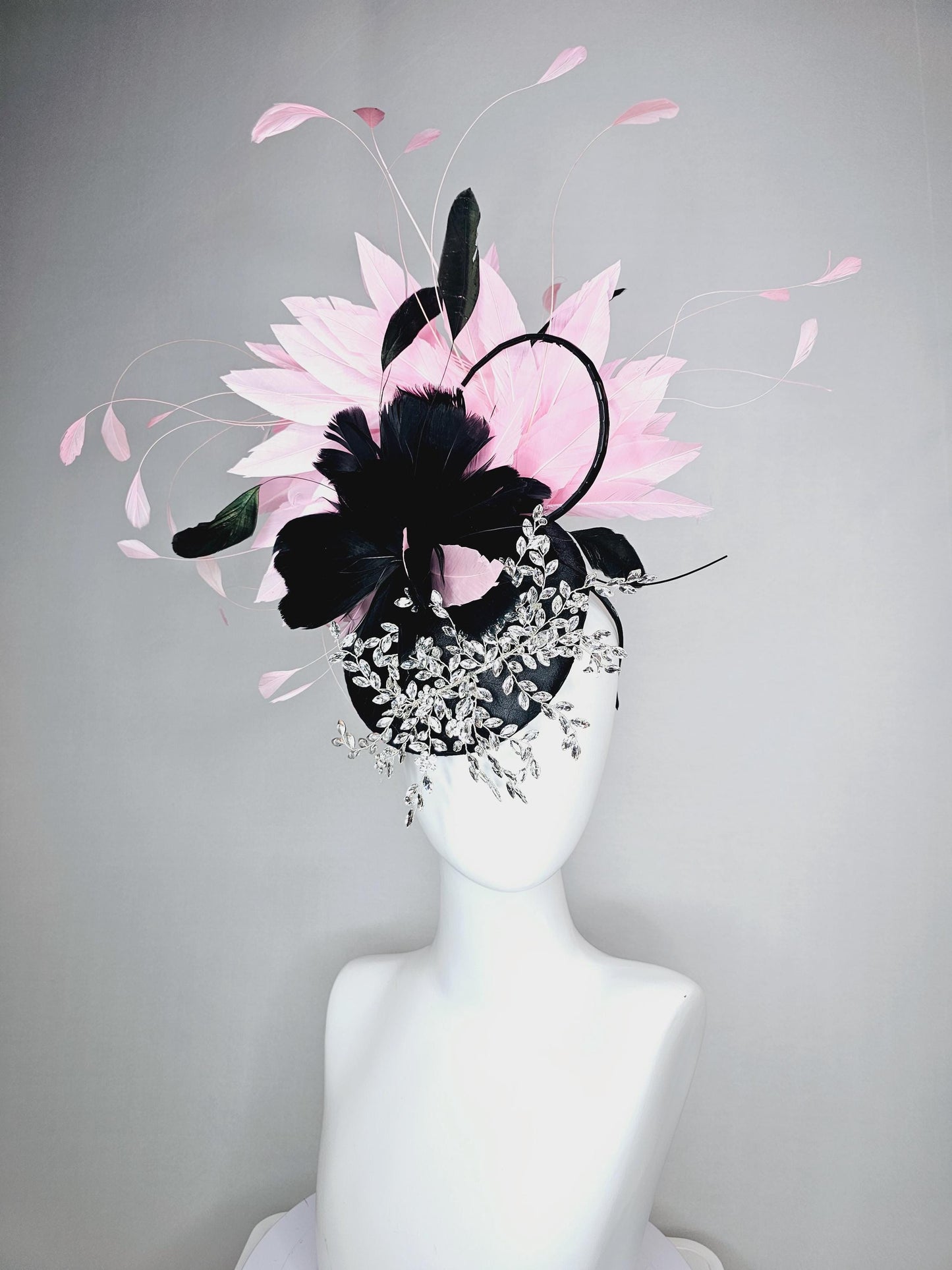 kentucky derby hat fascinator black satin with netting leaf vine crystal clear rhinestone black feather flower light pink branching feathers