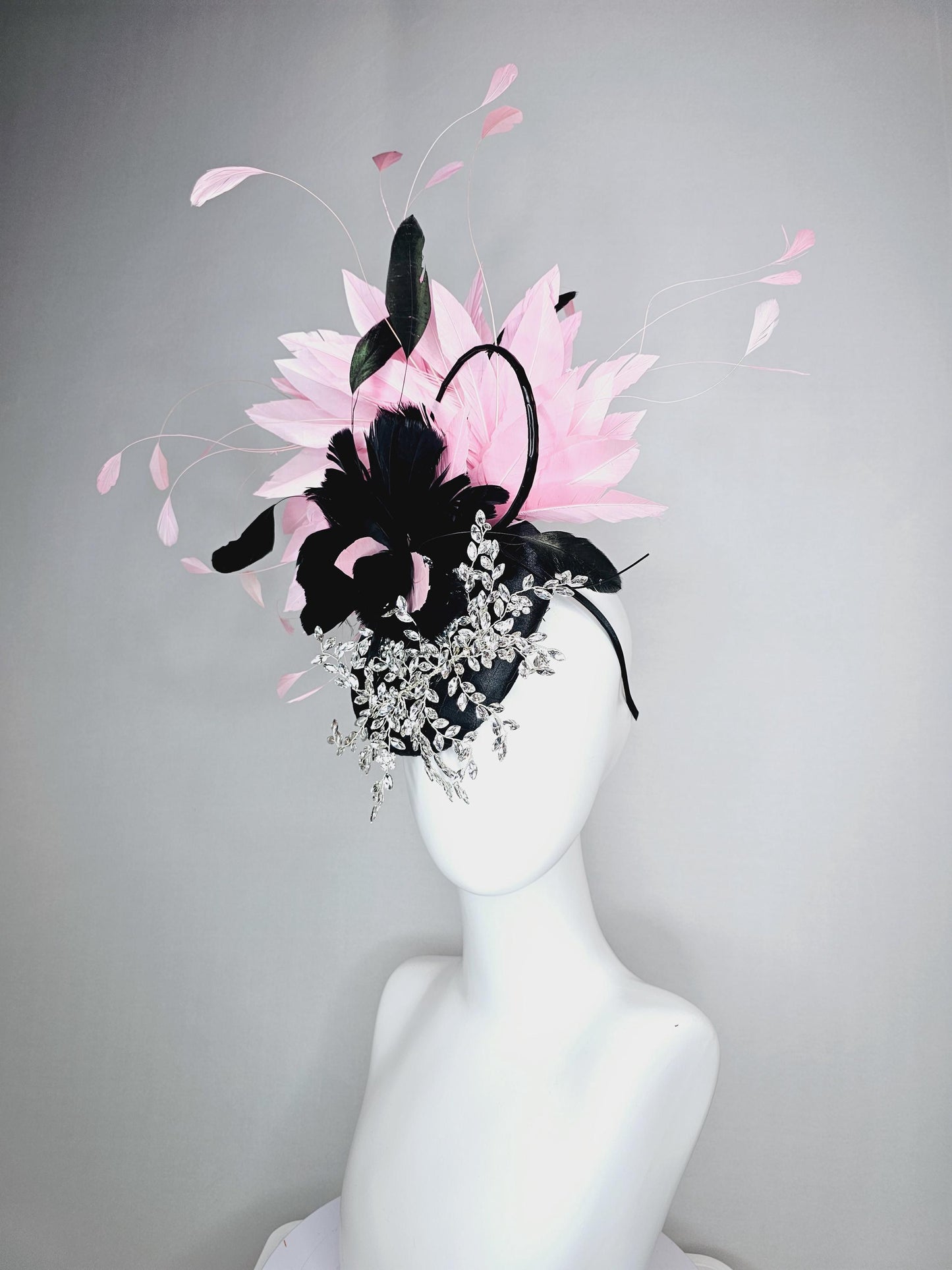 kentucky derby hat fascinator black satin with netting leaf vine crystal clear rhinestone black feather flower light pink branching feathers