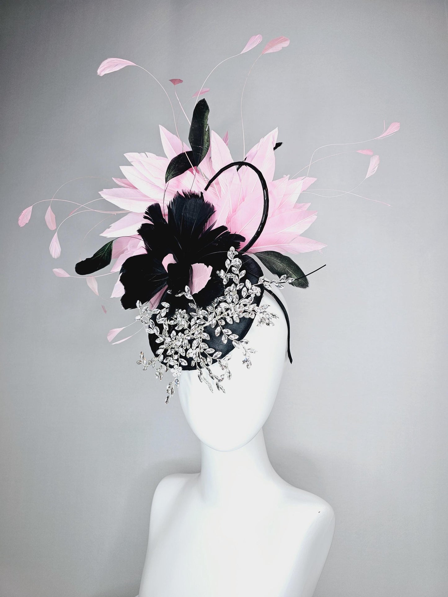 kentucky derby hat fascinator black satin with netting leaf vine crystal clear rhinestone black feather flower light pink branching feathers