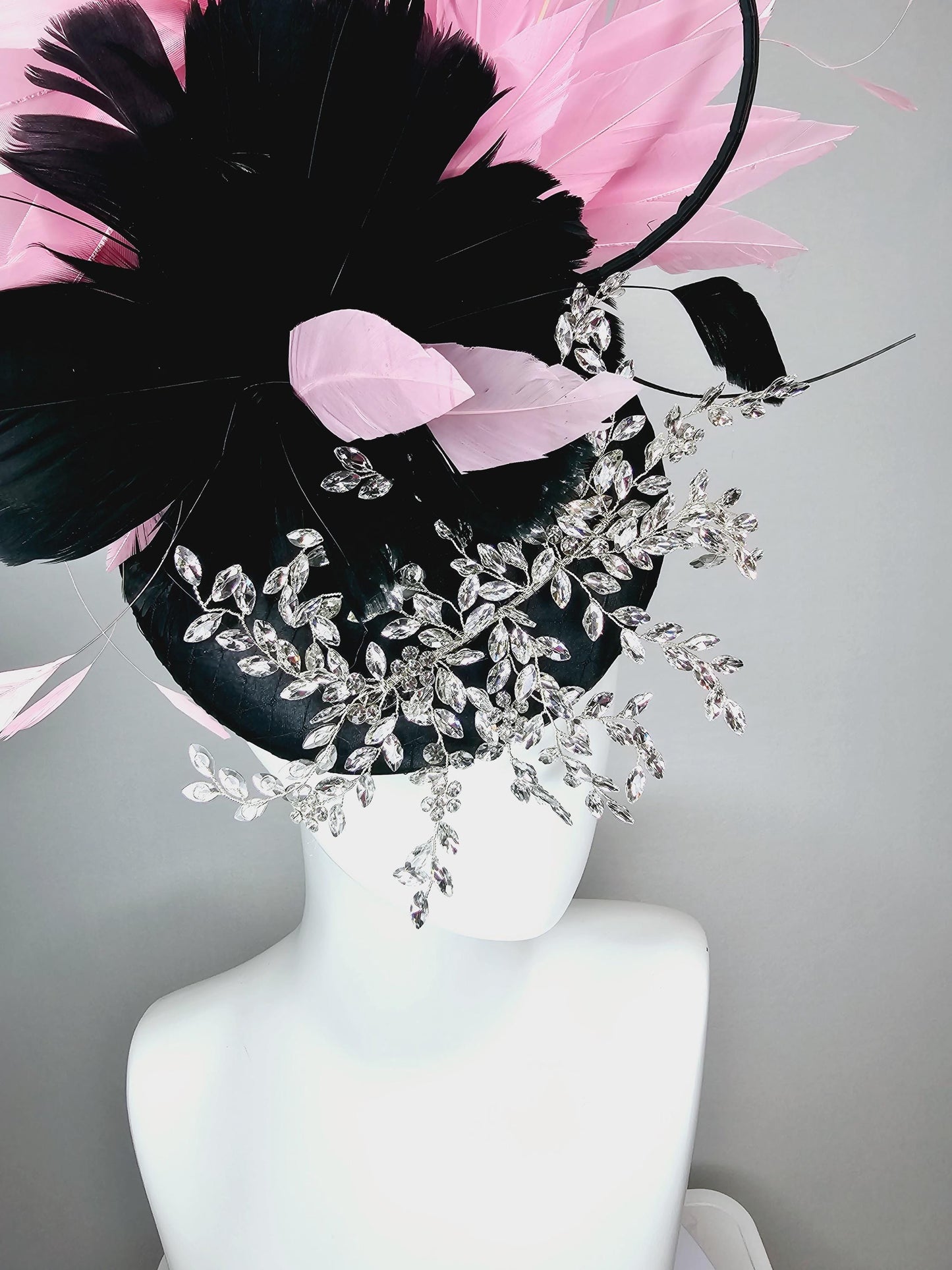 kentucky derby hat fascinator black satin with netting leaf vine crystal clear rhinestone black feather flower light pink branching feathers