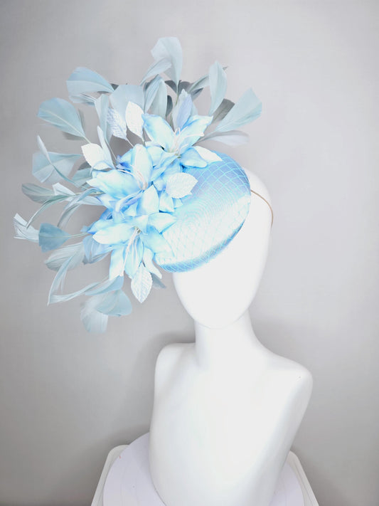 kentucky derby hat fascinator baby blue satin with netting light blue ombre satin flowers and leaves and light baby blue branching feathers
