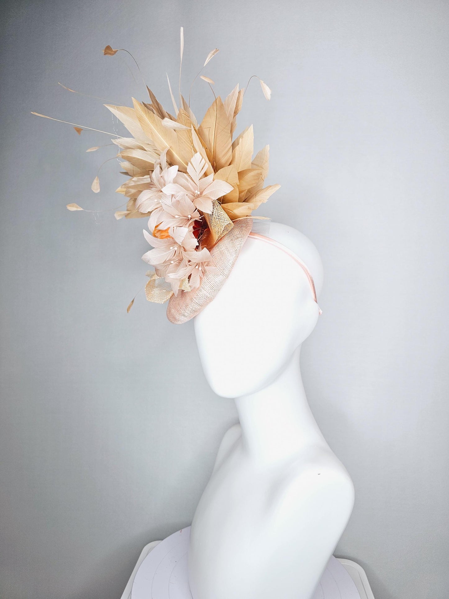 kentucky derby hat fascinator neutral champagne beige sinamay with burnt orange neutral beige feather flowers tan beige branching feathers