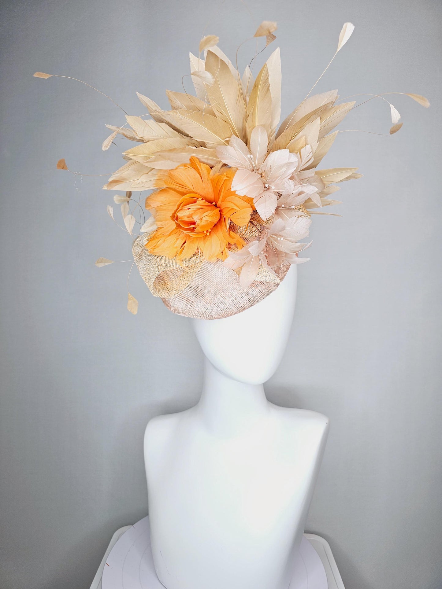 kentucky derby hat fascinator neutral champagne beige sinamay with burnt orange neutral beige feather flowers tan beige branching feathers