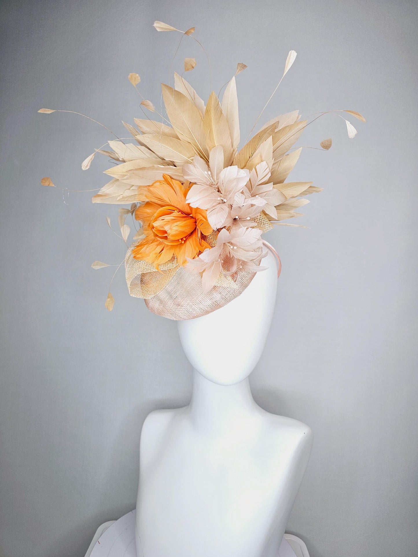 kentucky derby hat fascinator neutral champagne beige sinamay with burnt orange neutral beige feather flowers tan beige branching feathers