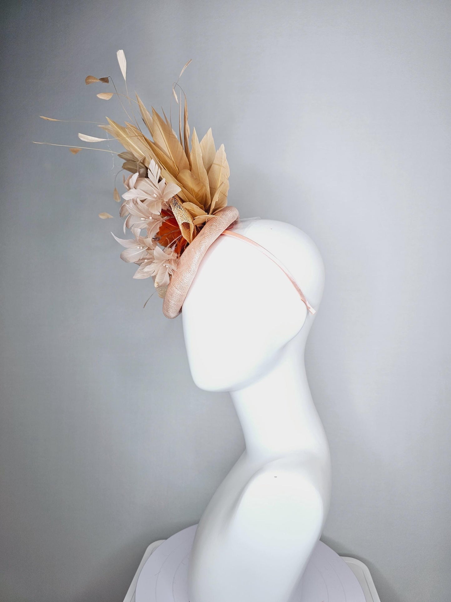 kentucky derby hat fascinator neutral champagne beige sinamay with burnt orange neutral beige feather flowers tan beige branching feathers