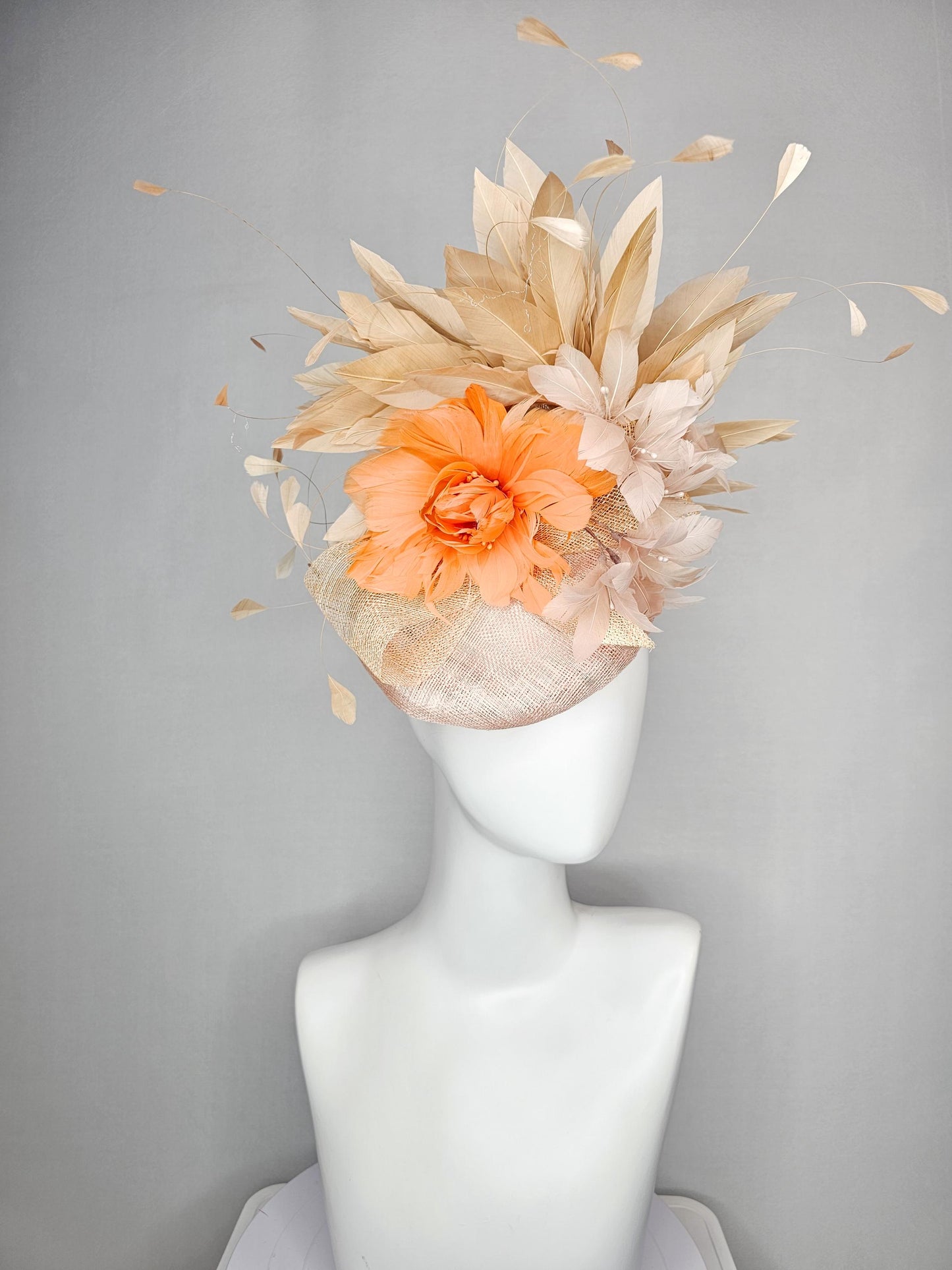 kentucky derby hat fascinator neutral champagne beige sinamay with burnt orange neutral beige feather flowers tan beige branching feathers