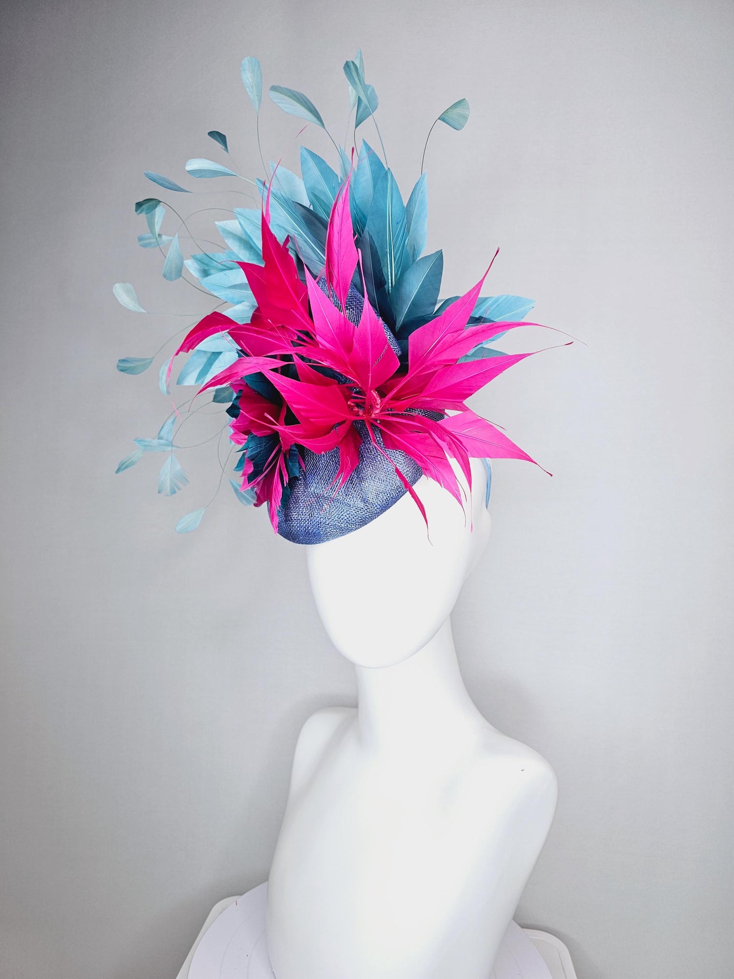 kentucky derby hat fascinator denin blue sinamay bright pink midnight blue feather flower fuchsia pink and teal blue branching feathers