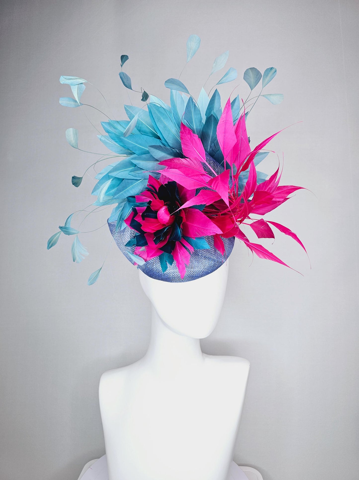 kentucky derby hat fascinator denin blue sinamay bright pink midnight blue feather flower fuchsia pink and teal blue branching feathers