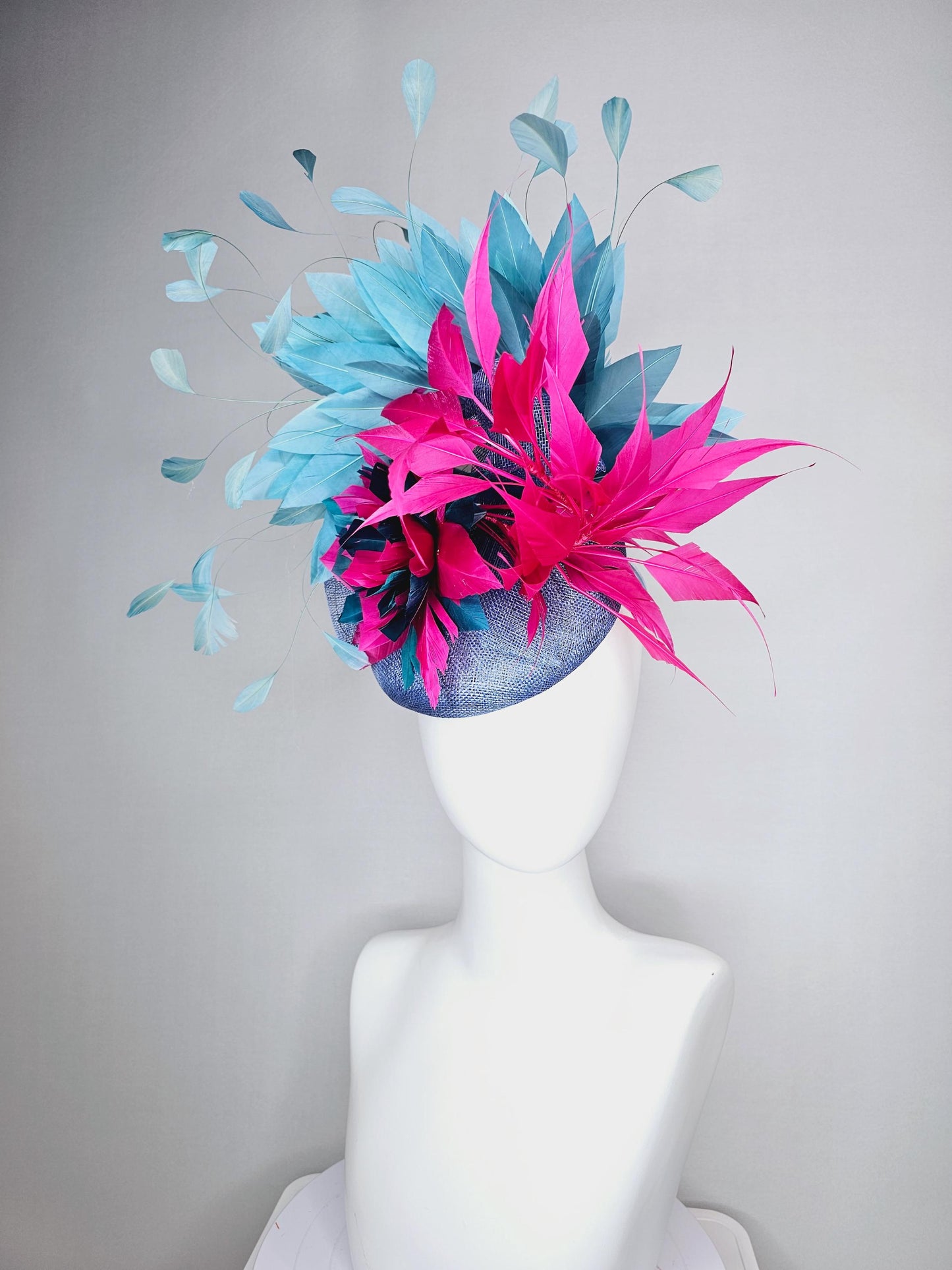 kentucky derby hat fascinator denin blue sinamay bright pink midnight blue feather flower fuchsia pink and teal blue branching feathers
