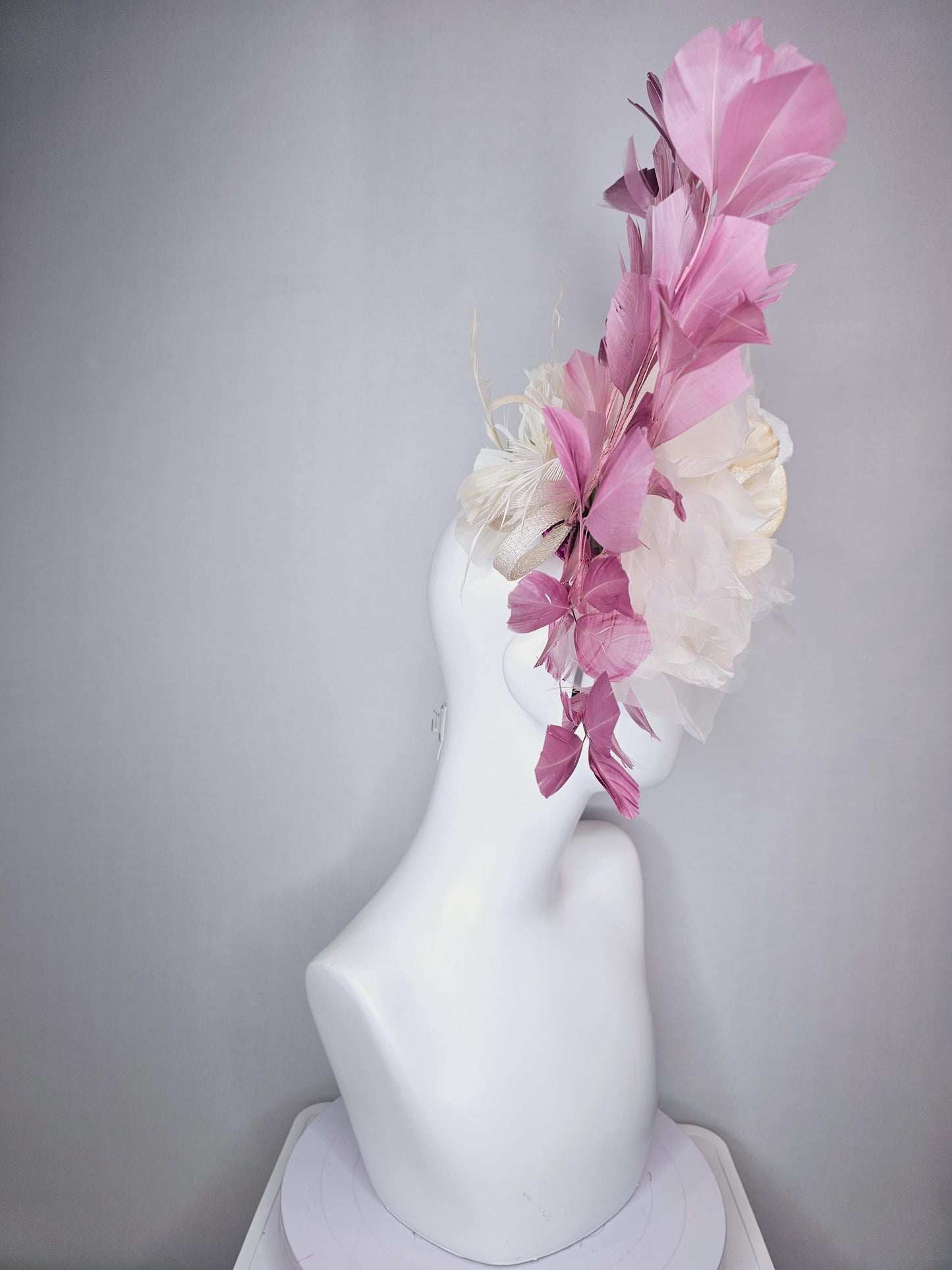 kentucky derby fascinator black headband with very large ivory white cream organza flower and dusty rose pink branching feathers