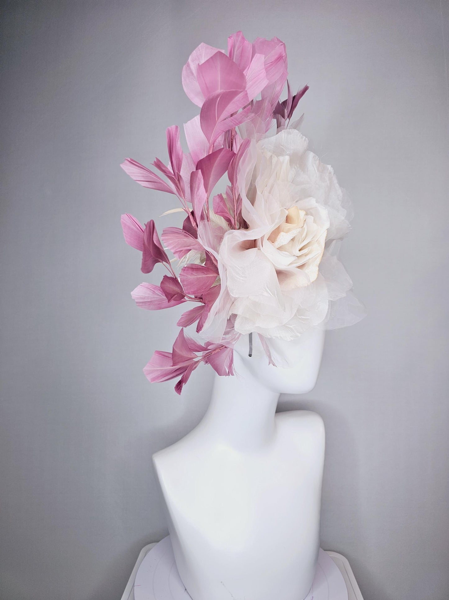 kentucky derby fascinator black headband with very large ivory white cream organza flower and dusty rose pink branching feathers