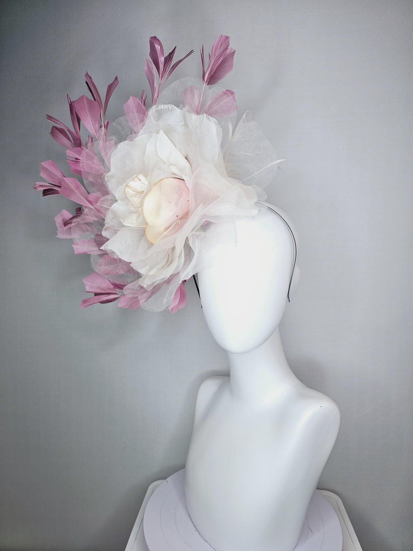 kentucky derby fascinator black headband with very large ivory white cream organza flower and dusty rose pink branching feathers