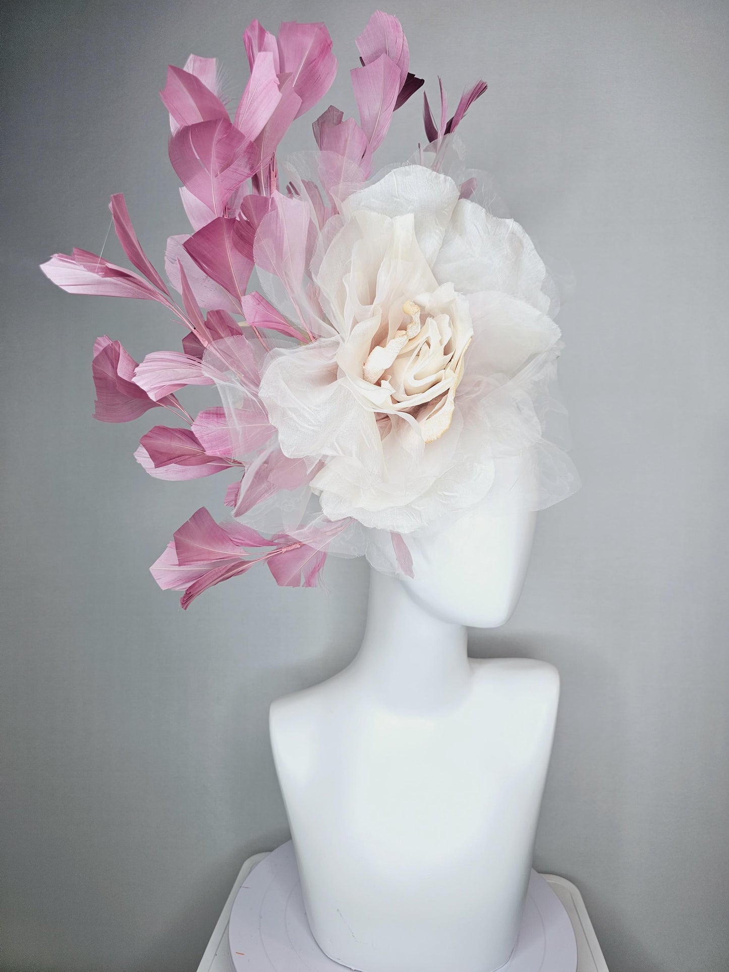 kentucky derby fascinator black headband with very large ivory white cream organza flower and dusty rose pink branching feathers