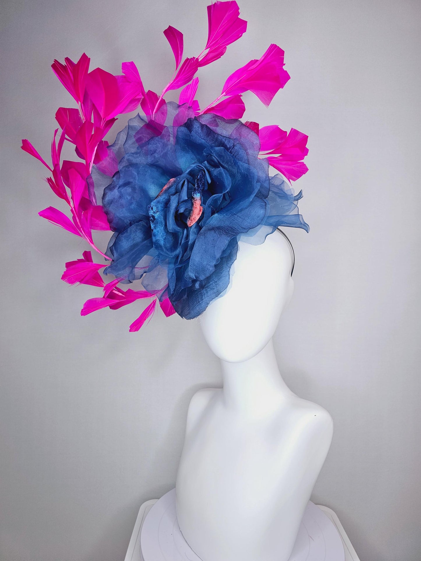 kentucky derby fascinator black headband with very large cobalt denim blue organza silk flower and bright fuchsia pink branching feathers