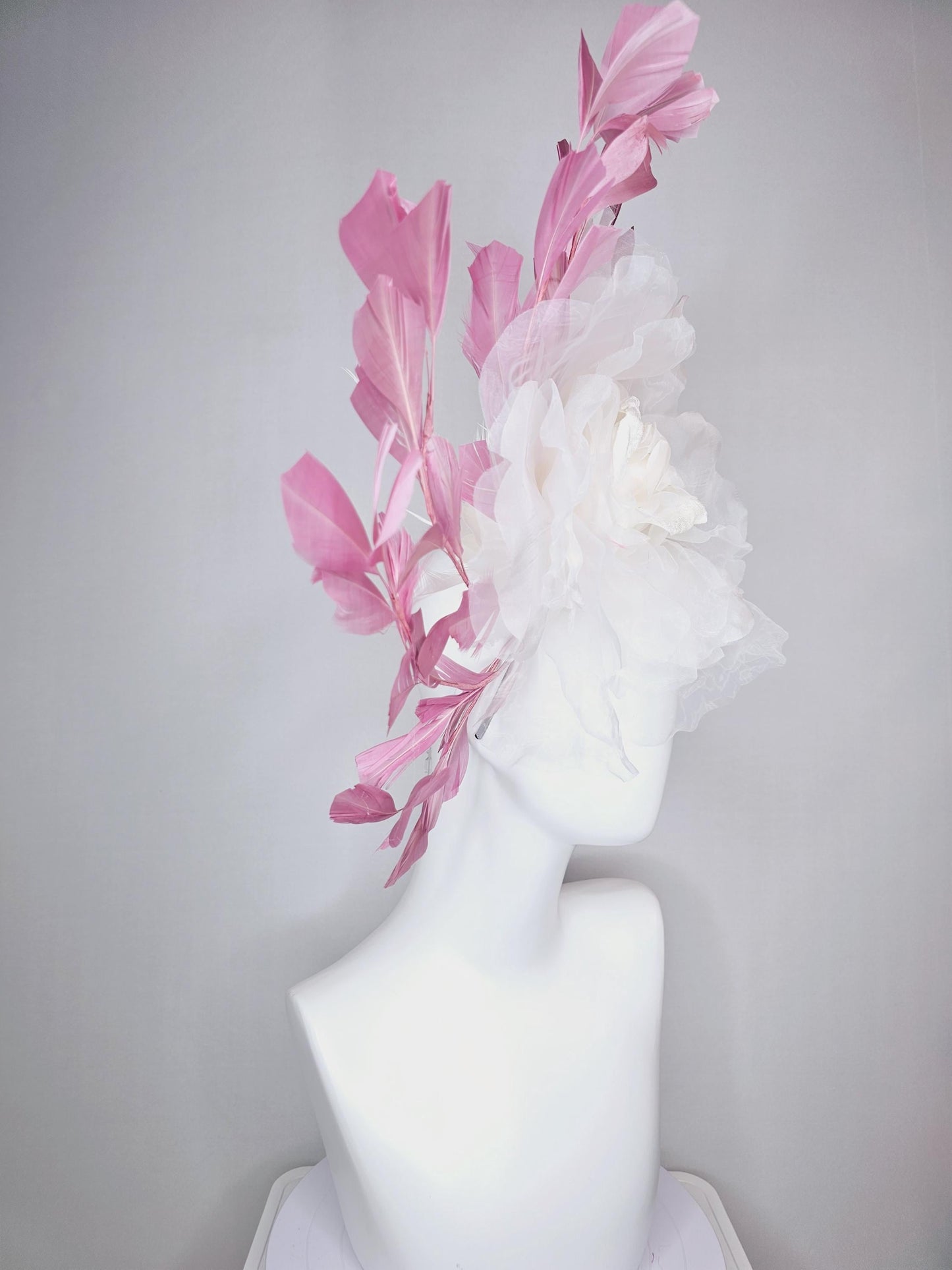 kentucky derby fascinator black headband with very large white organza silk flower and dusty rose pink branching feathers