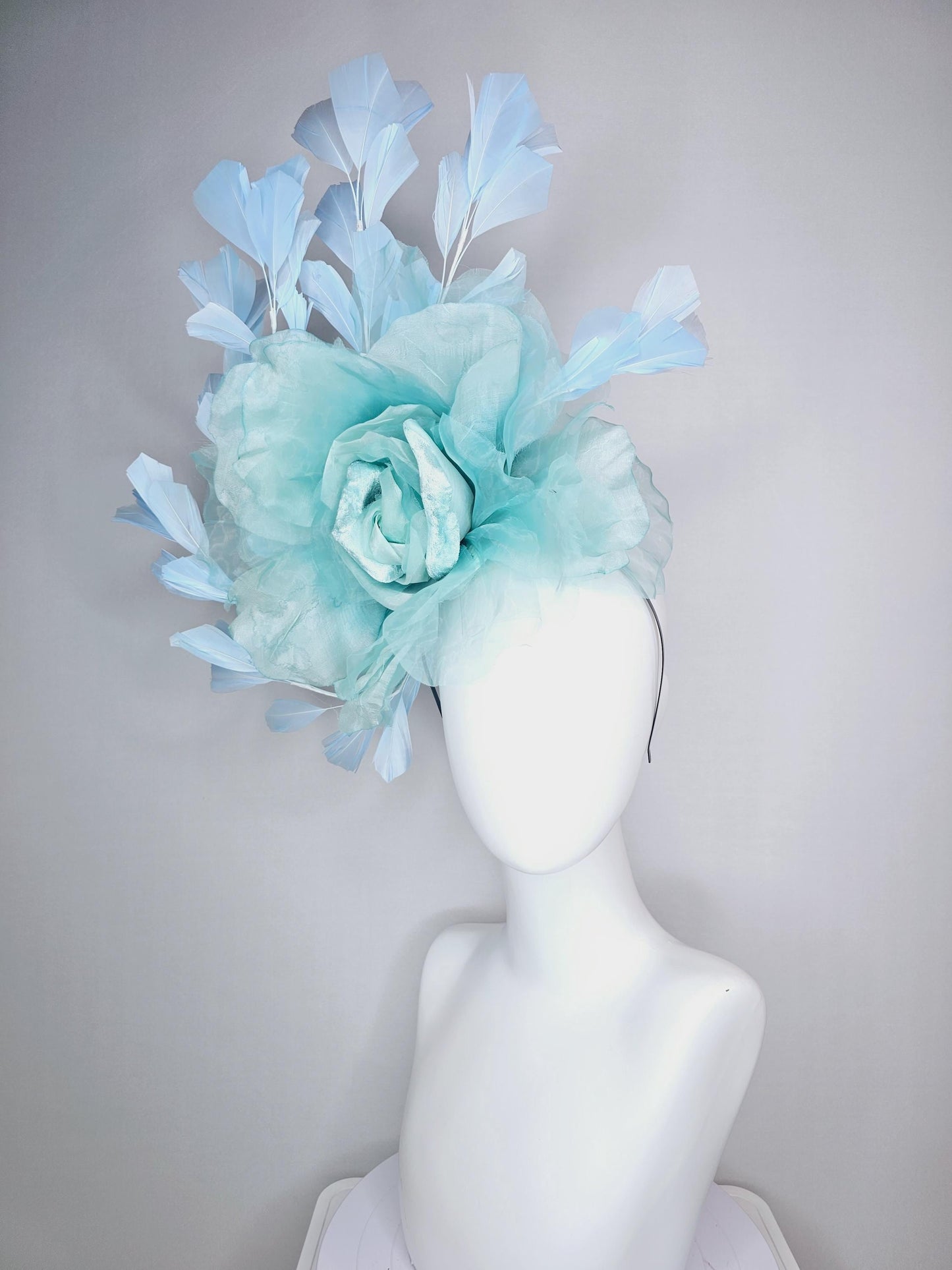 kentucky derby fascinator black headband with very large light blue organza silk flower and baby blue branching feathers