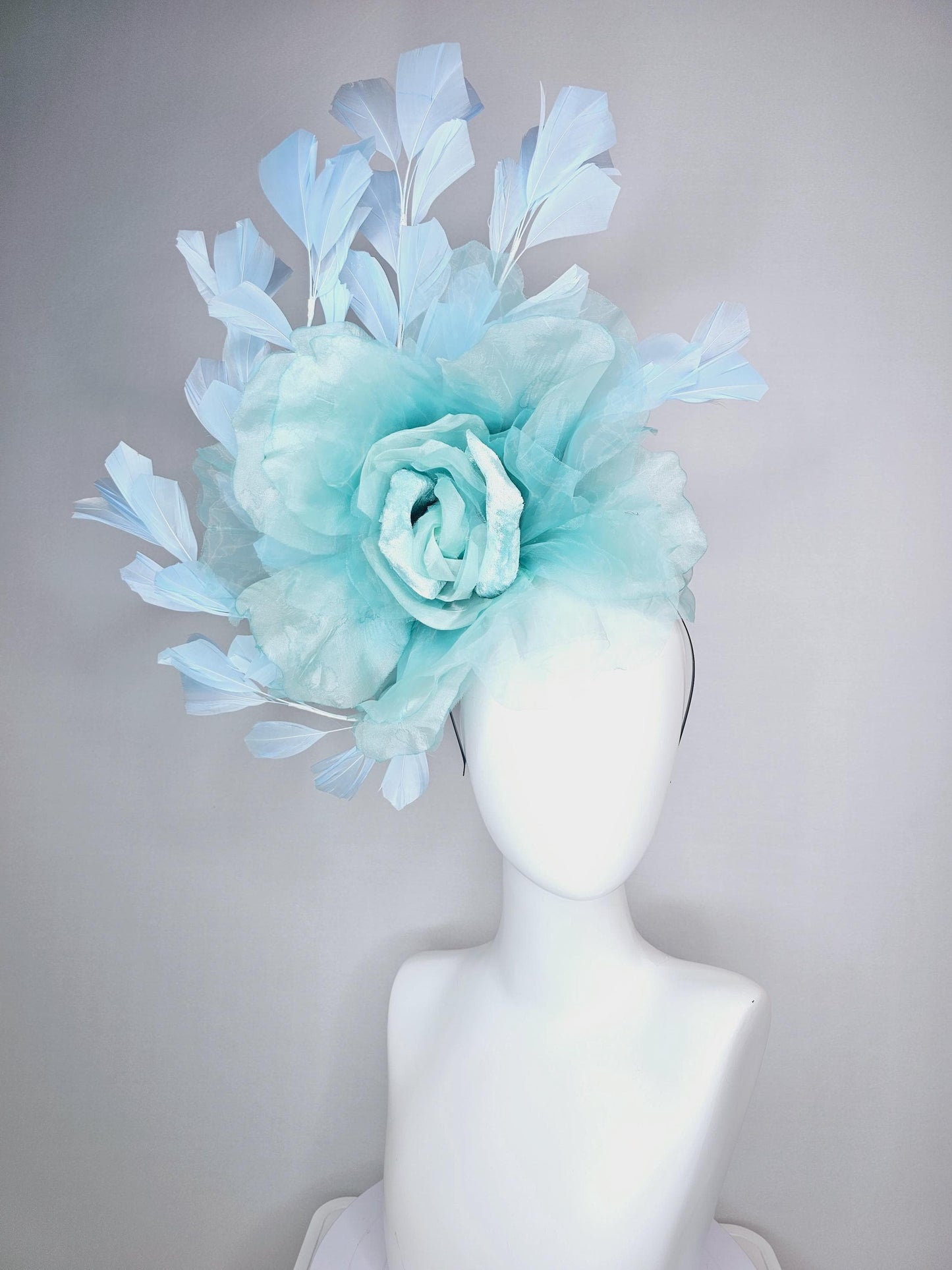 kentucky derby fascinator black headband with very large light blue organza silk flower and baby blue branching feathers