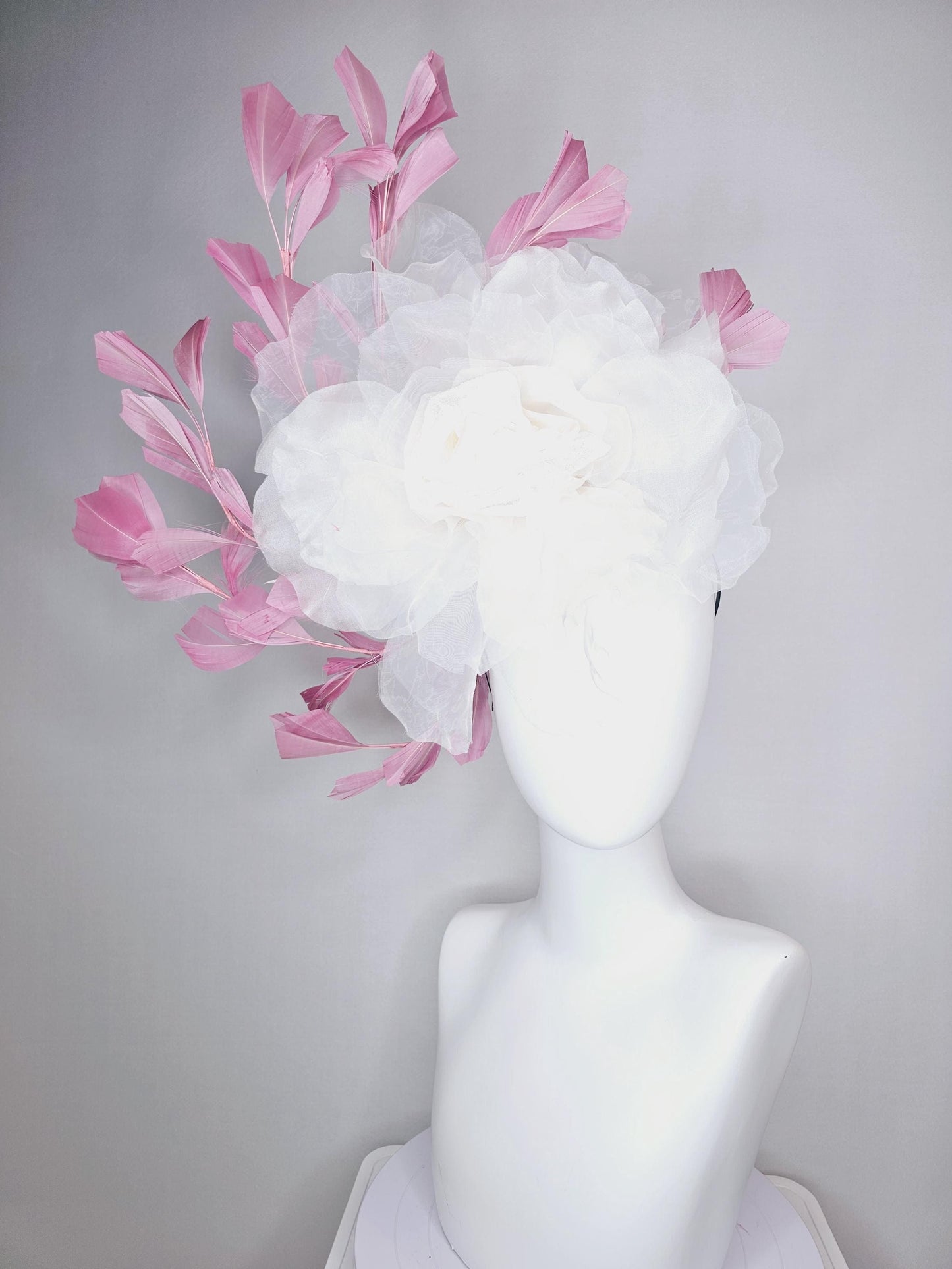 kentucky derby fascinator black headband with very large white organza silk flower and dusty rose pink branching feathers