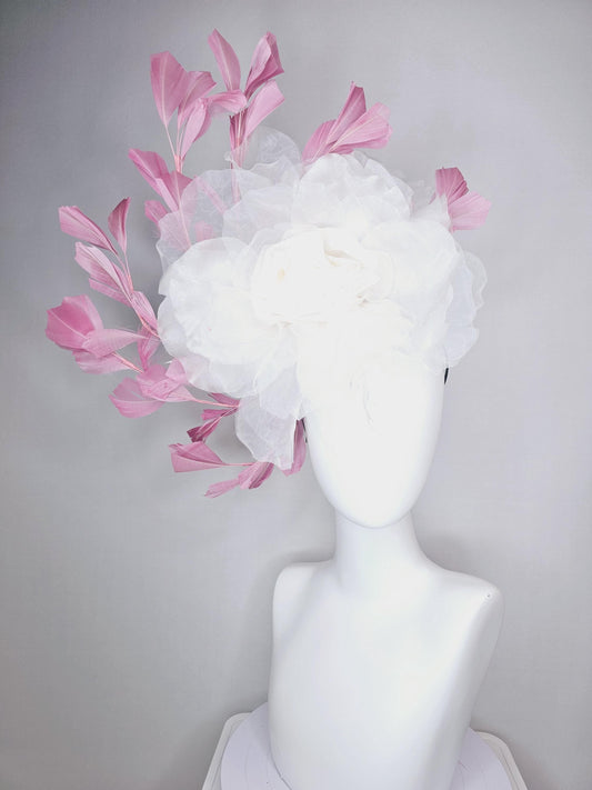 kentucky derby fascinator black headband with very large white organza silk flower and dusty rose pink branching feathers