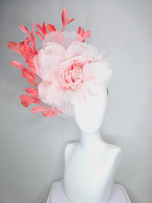 kentucky derby fascinator black headband with very large light pink organza silk flower and coral red branching feathers