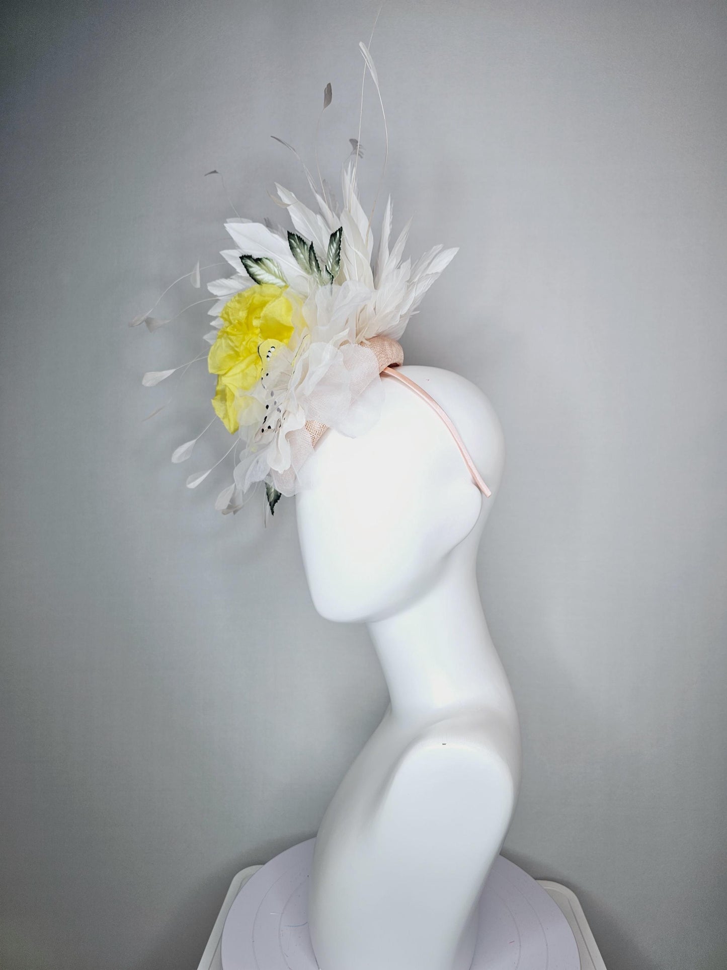 kentucky derby hat fascinator champagne pink sinamay yellow satin white organza flowers ombre green leaves white butterfly white feathers