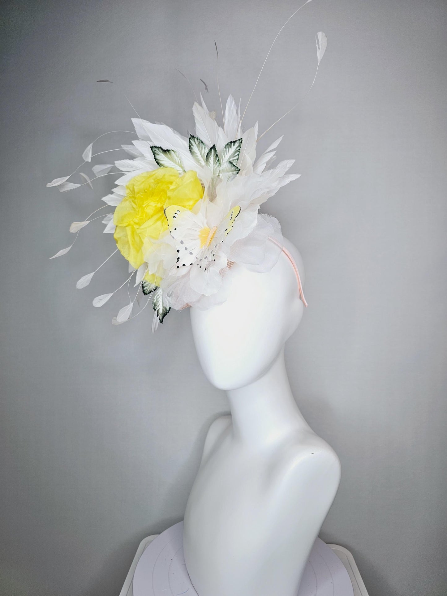 kentucky derby hat fascinator champagne pink sinamay yellow satin white organza flowers ombre green leaves white butterfly white feathers