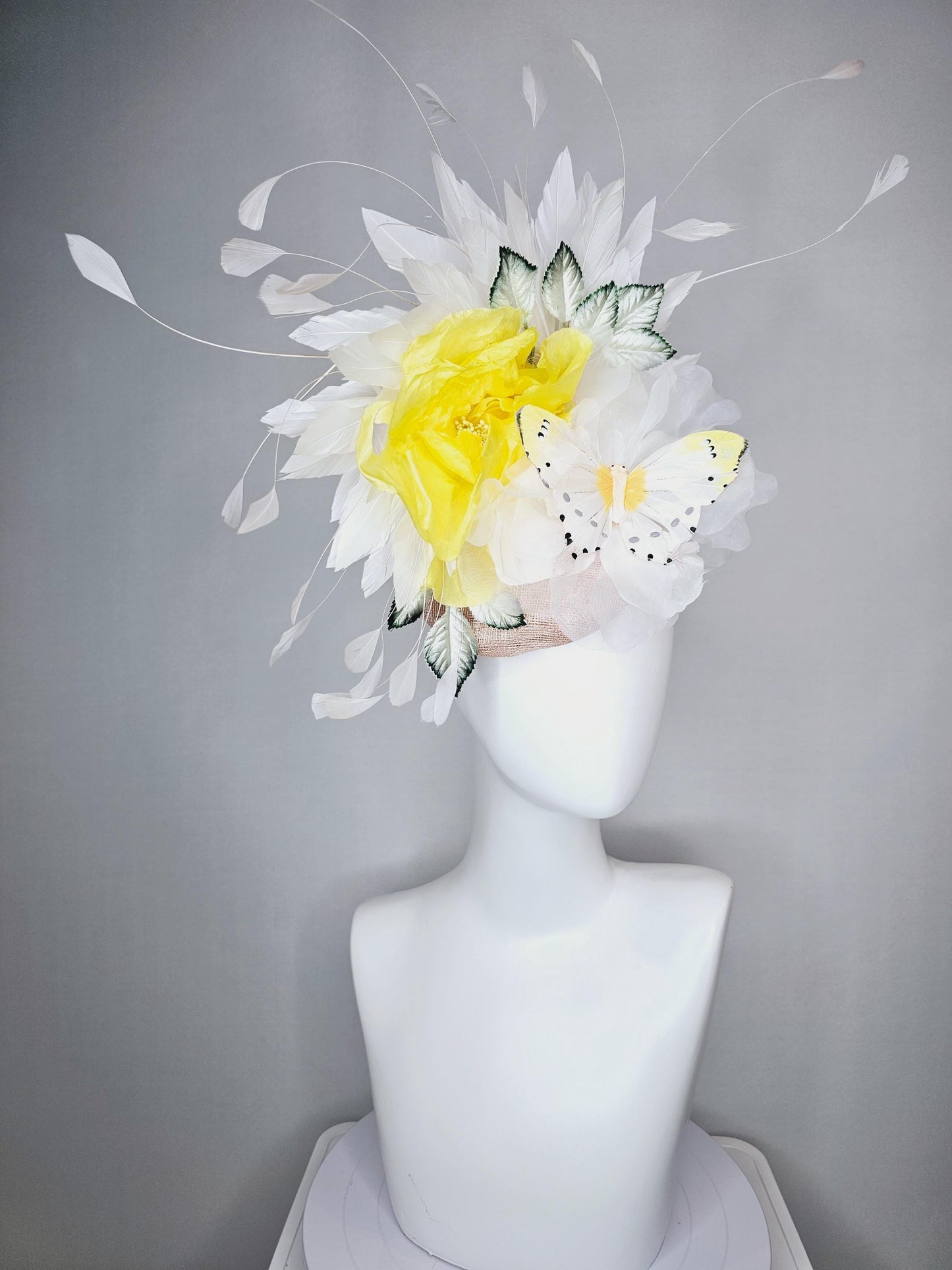 kentucky derby hat fascinator champagne pink sinamay yellow satin white organza flowers ombre green leaves white butterfly white feathers