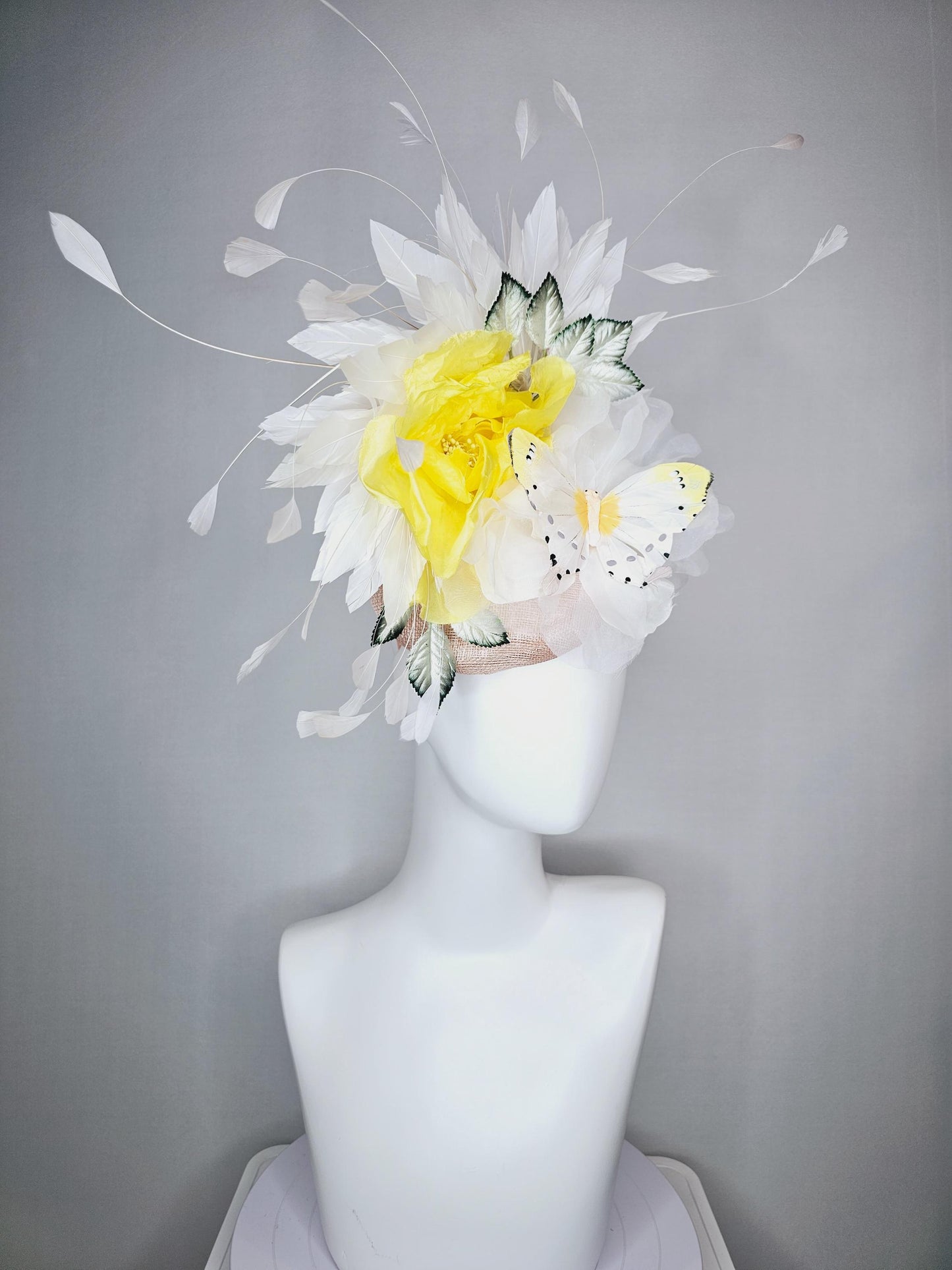 kentucky derby hat fascinator champagne pink sinamay yellow satin white organza flowers ombre green leaves white butterfly white feathers