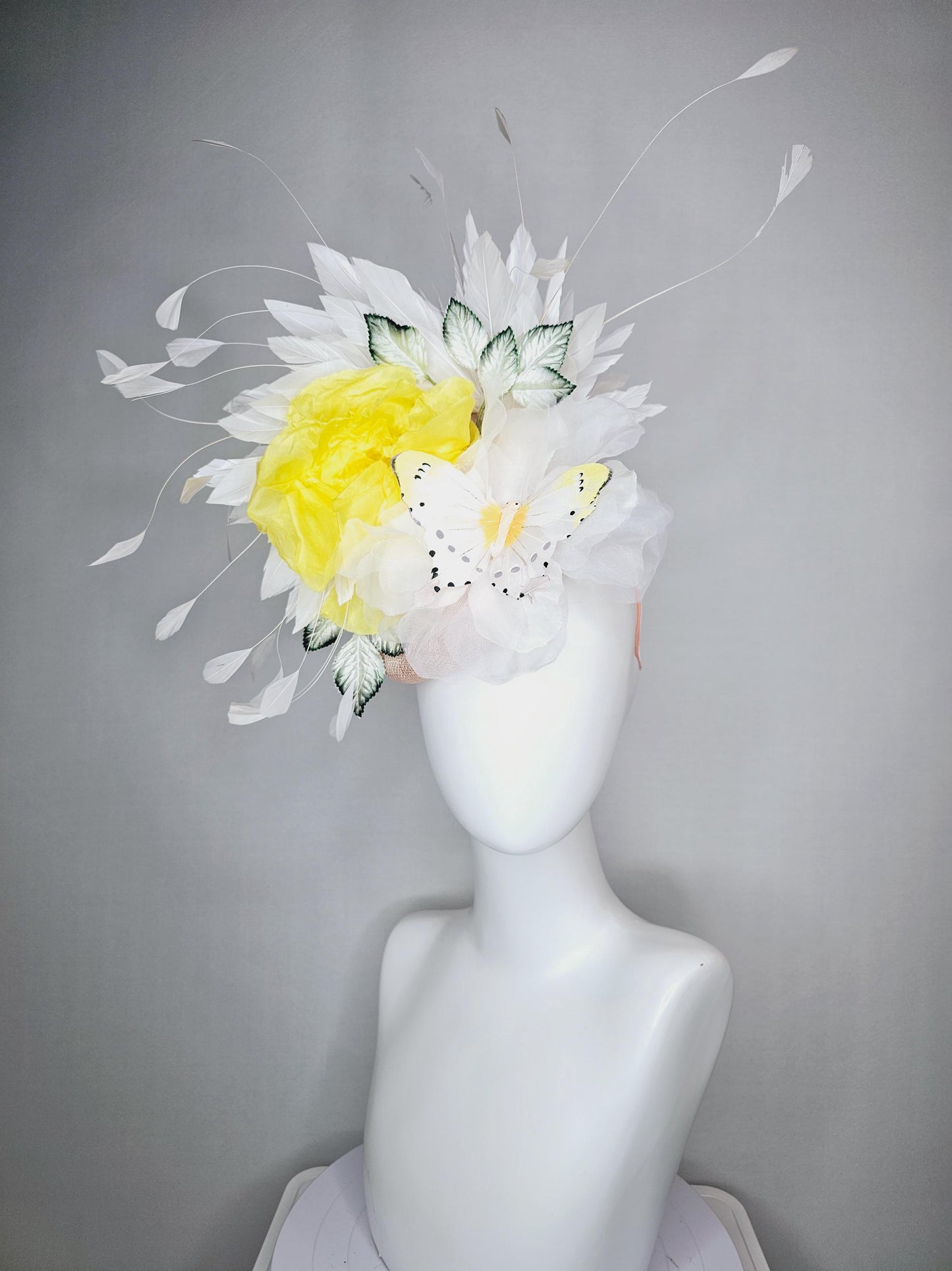 kentucky derby hat fascinator champagne pink sinamay yellow satin white organza flowers ombre green leaves white butterfly white feathers