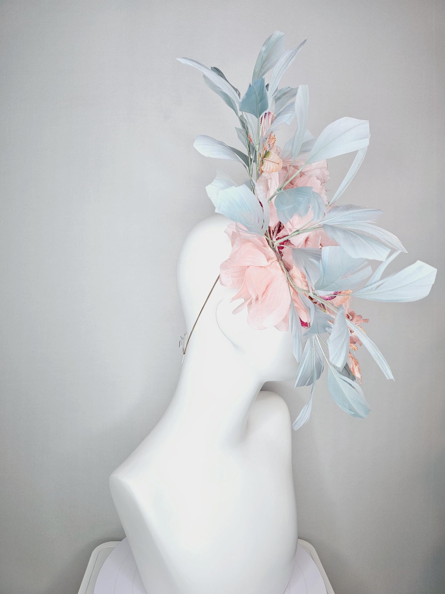kentucky derby hat fascinator hot pink satin with netting light baby pink organza satin flowers light teal blue branching feathers