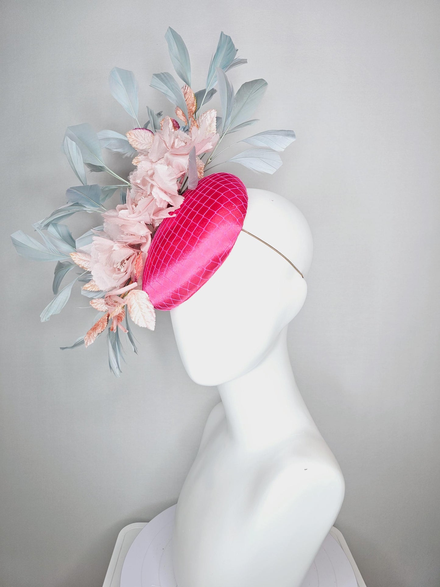 kentucky derby hat fascinator hot pink satin with netting light baby pink organza satin flowers light teal blue branching feathers