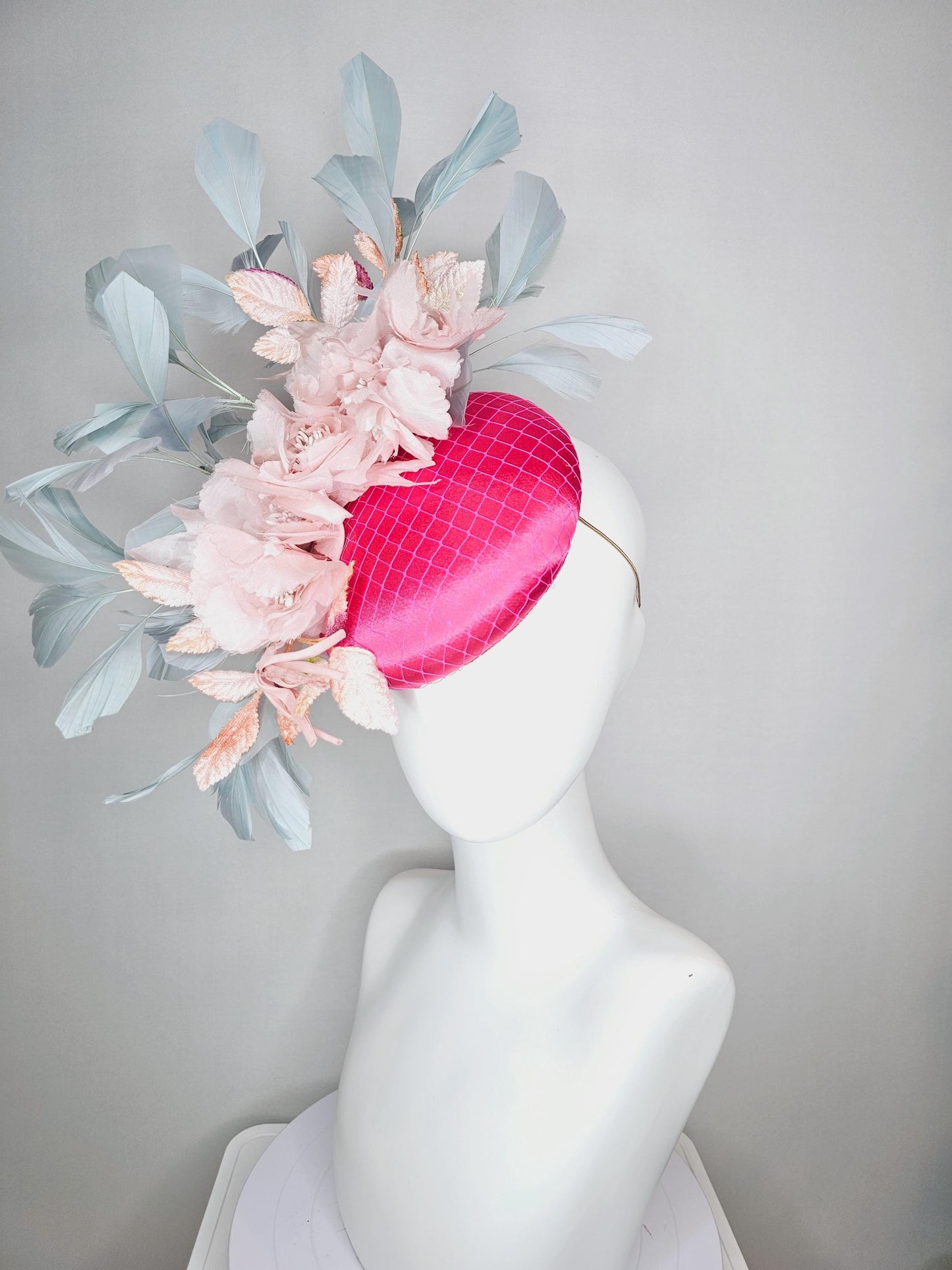kentucky derby hat fascinator hot pink satin with netting light baby pink organza satin flowers light teal blue branching feathers