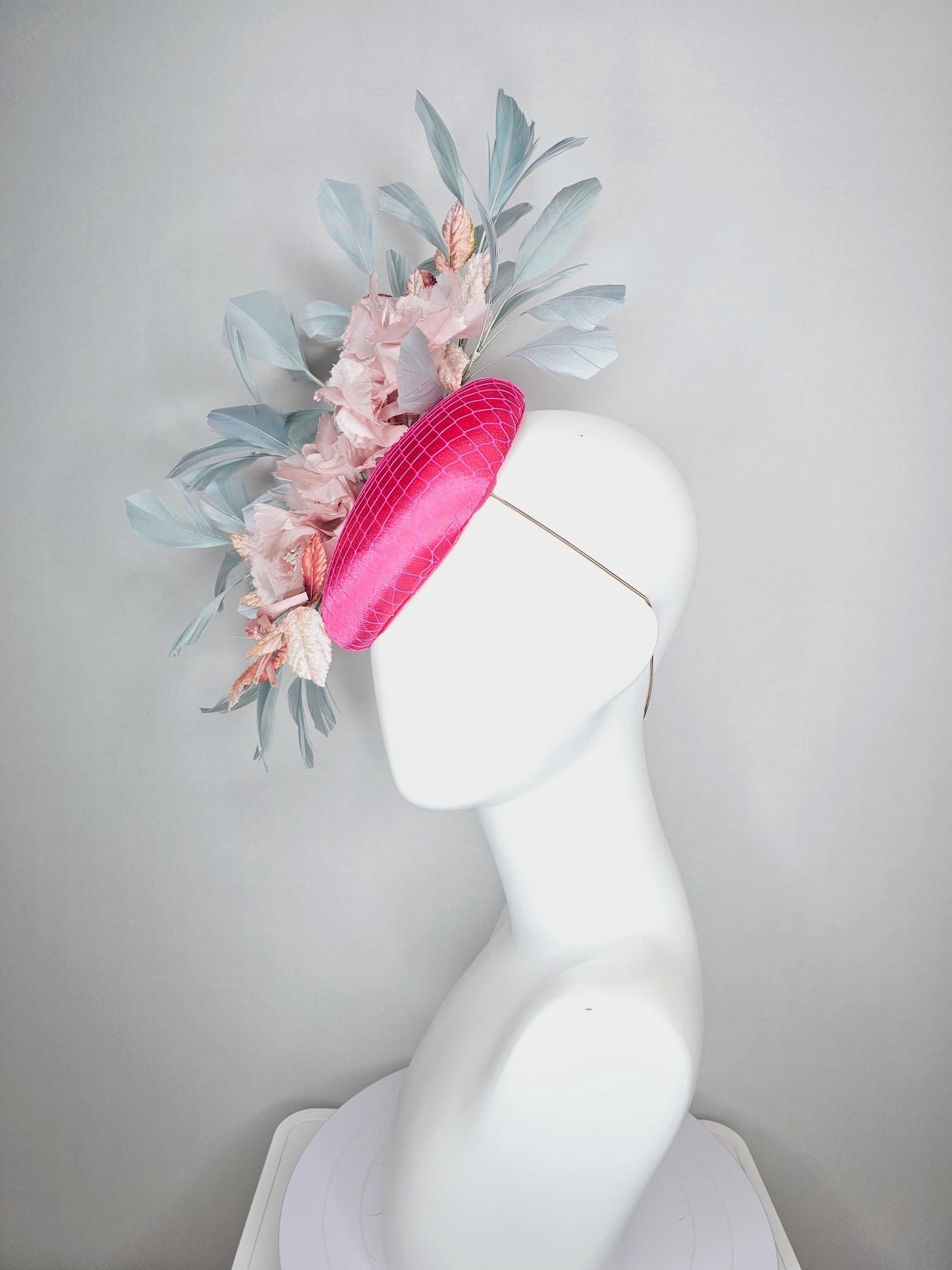 kentucky derby hat fascinator hot pink satin with netting light baby pink organza satin flowers light teal blue branching feathers