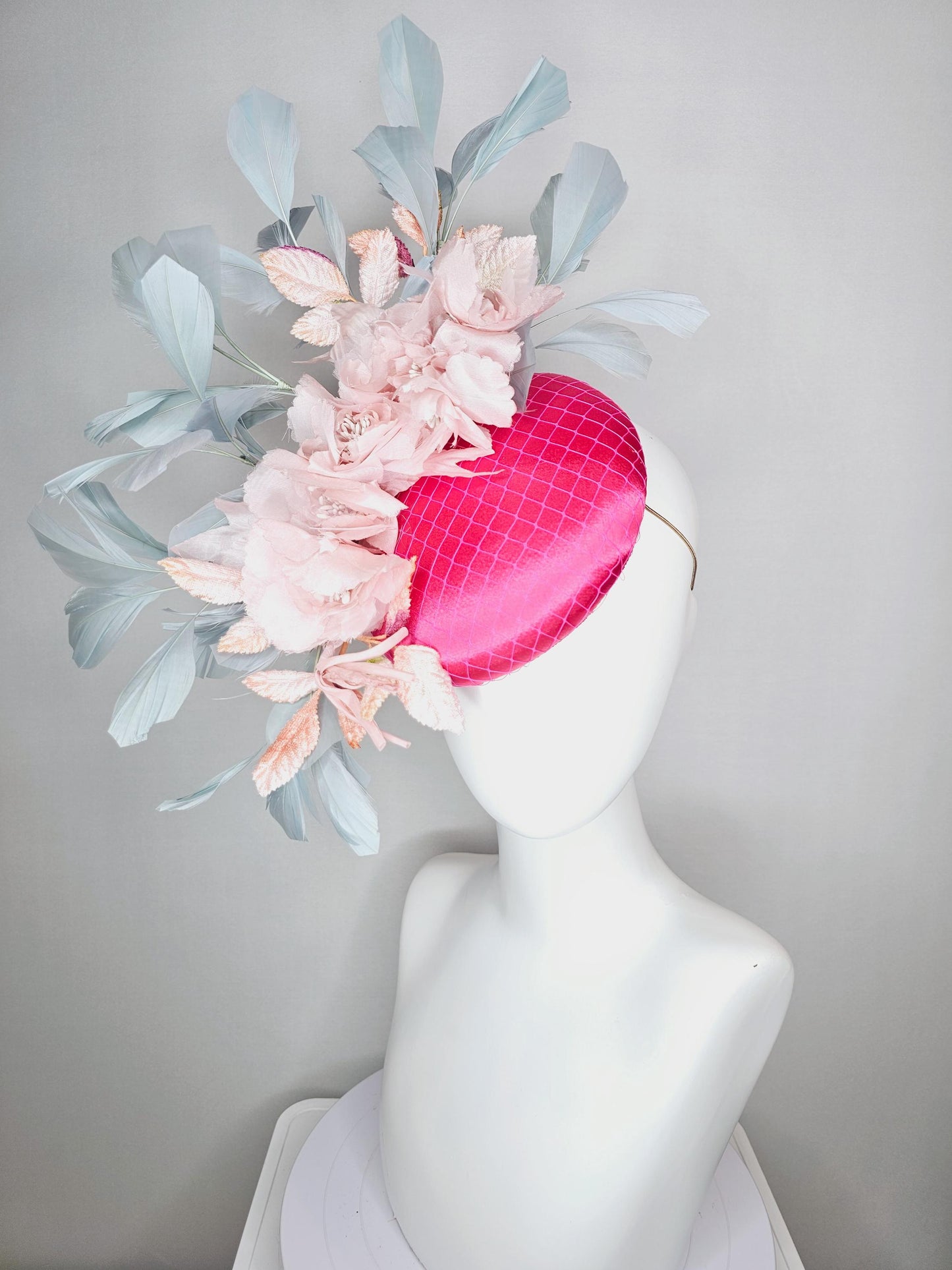 kentucky derby hat fascinator hot pink satin with netting light baby pink organza satin flowers light teal blue branching feathers