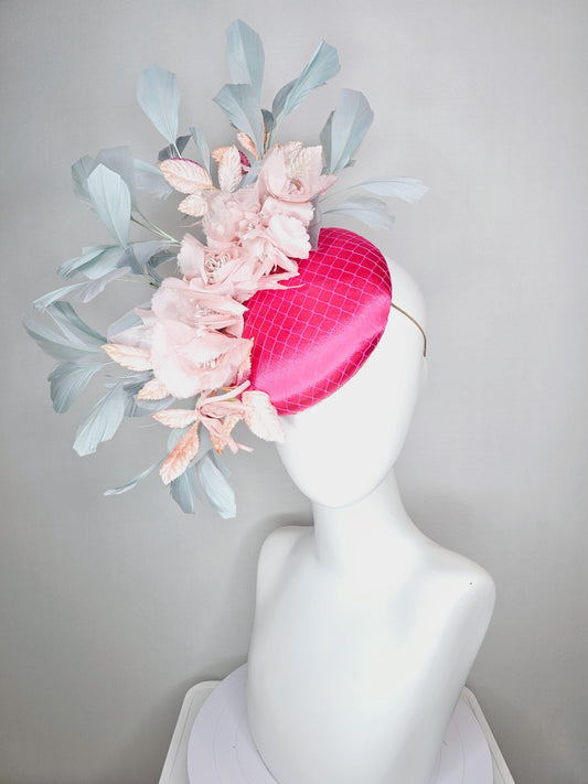 kentucky derby hat fascinator hot pink satin with netting light baby pink organza satin flowers light teal blue branching feathers