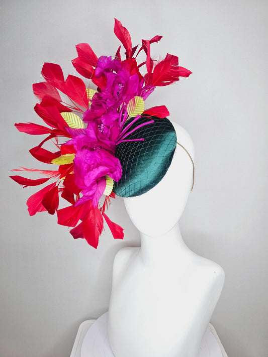 kentucky derby hat fascinator emerald green satin with netting and fuchsia pink satin flowers yellow leaves cherry red branching feathers