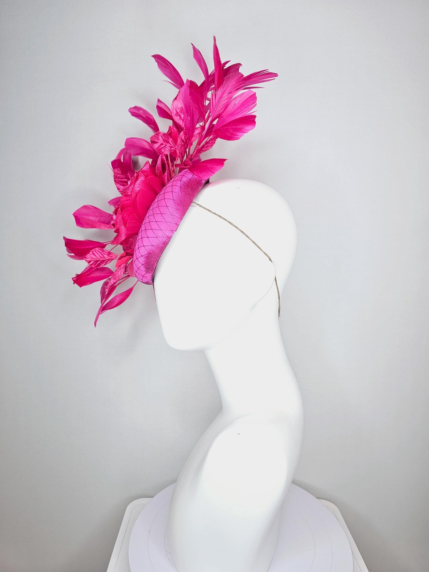 kentucky derby hat fascinator fuchsia pink satin with netting hot bright pink satin rose flower pink leaves bright pink branching feathers