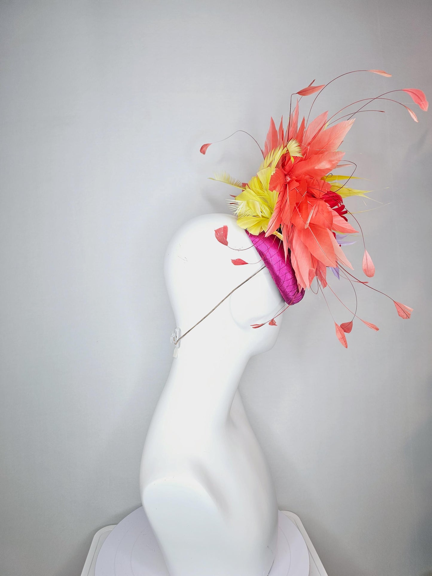 kentucky derby hat fascinator colorful pink satin with netting cherry red feather flower lavender purple yellow coral red branching feathers
