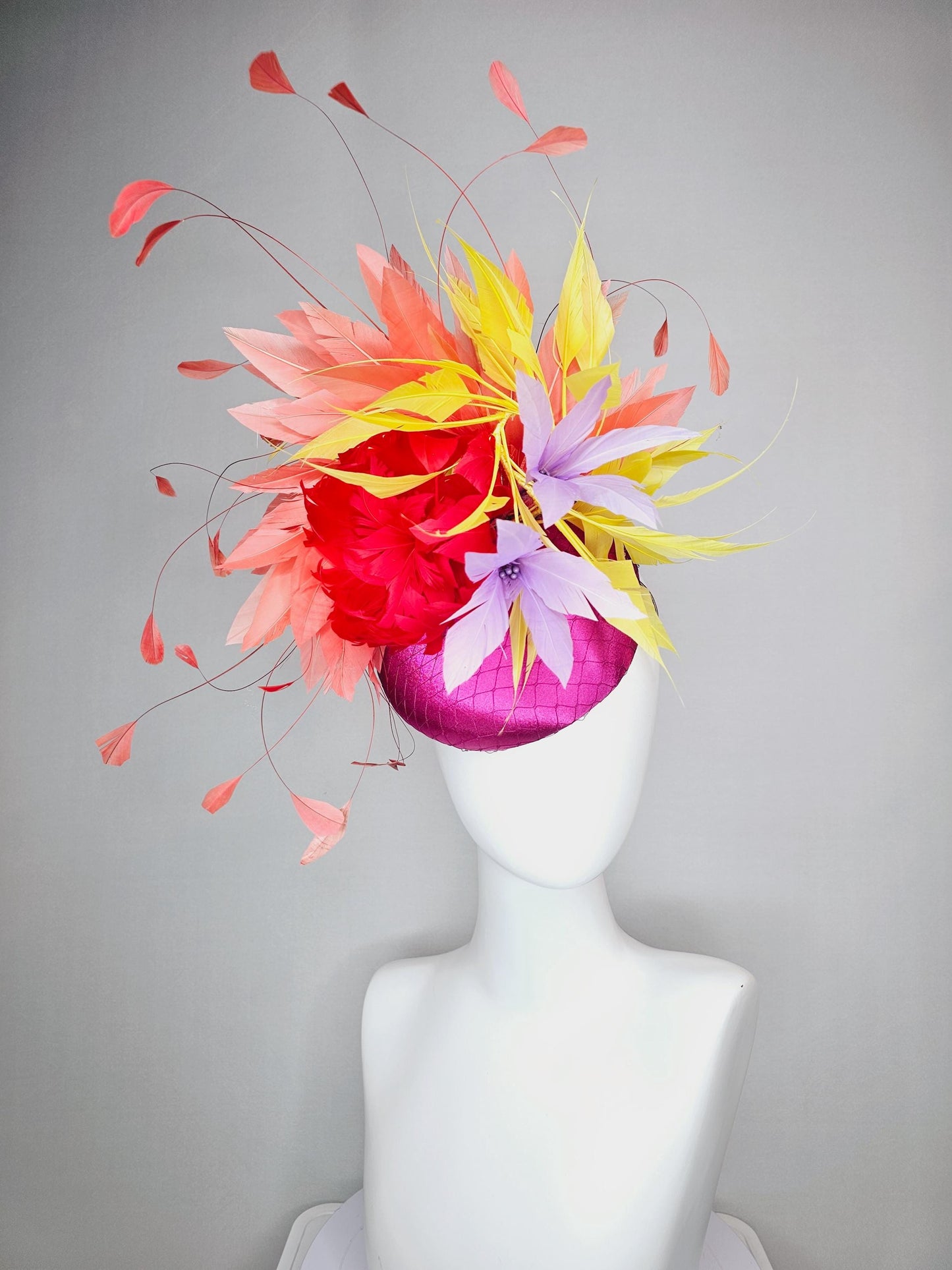 kentucky derby hat fascinator colorful pink satin with netting cherry red feather flower lavender purple yellow coral red branching feathers