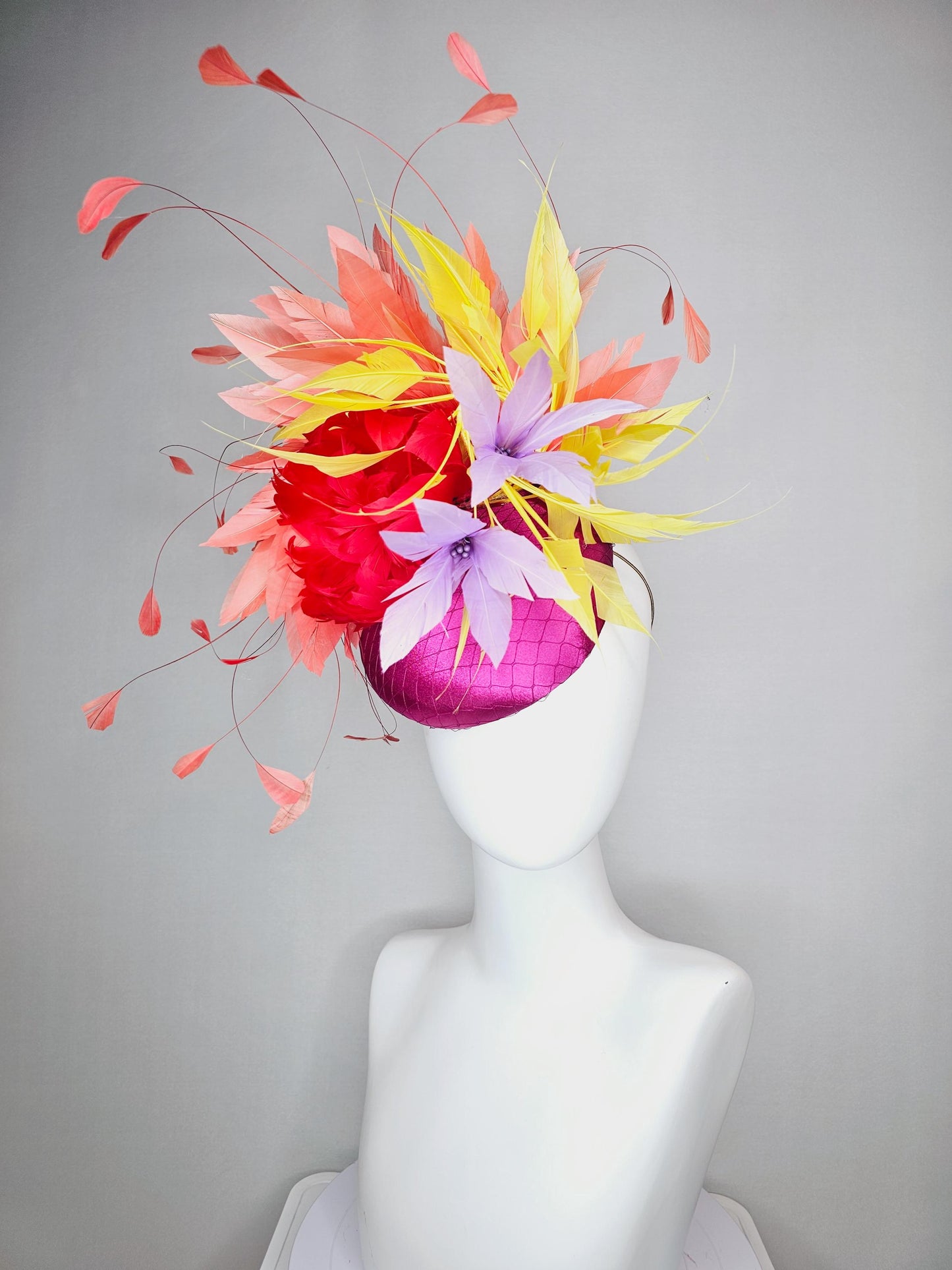 kentucky derby hat fascinator colorful pink satin with netting cherry red feather flower lavender purple yellow coral red branching feathers