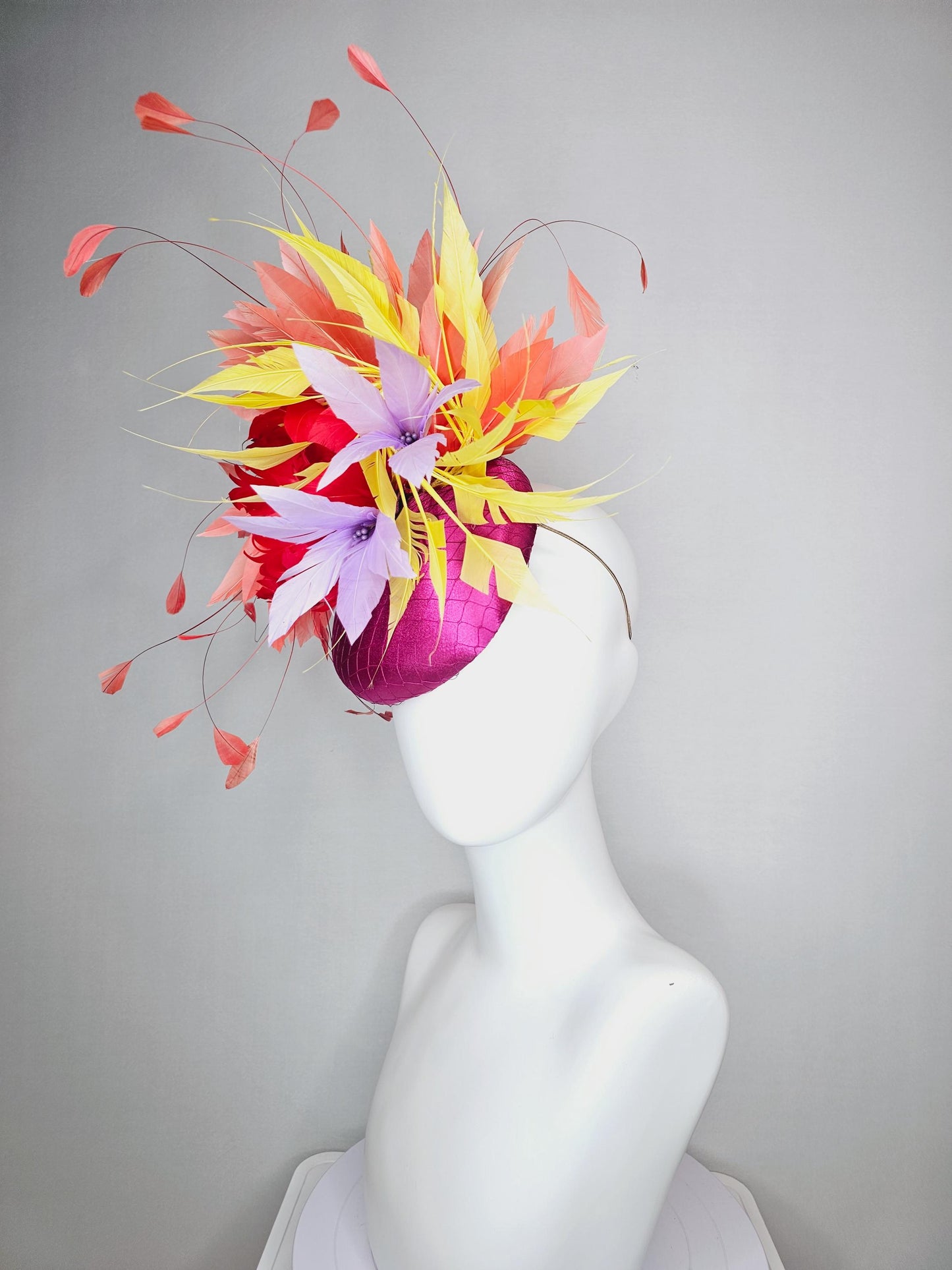 kentucky derby hat fascinator colorful pink satin with netting cherry red feather flower lavender purple yellow coral red branching feathers
