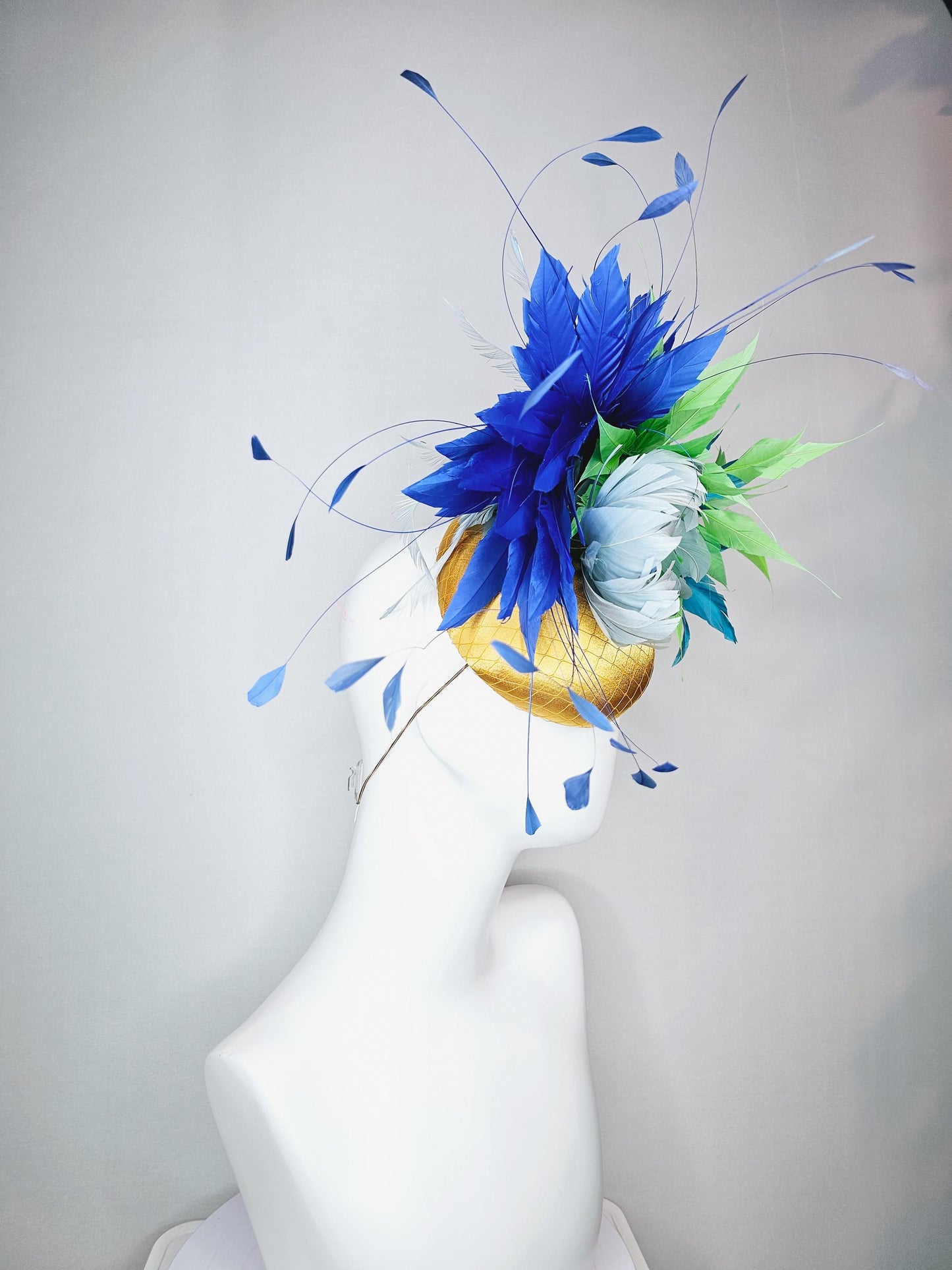 kentucky derby hat fascinator colorful yellow satin with netting light blue feather flower emerald green royal turquoise blue feathers