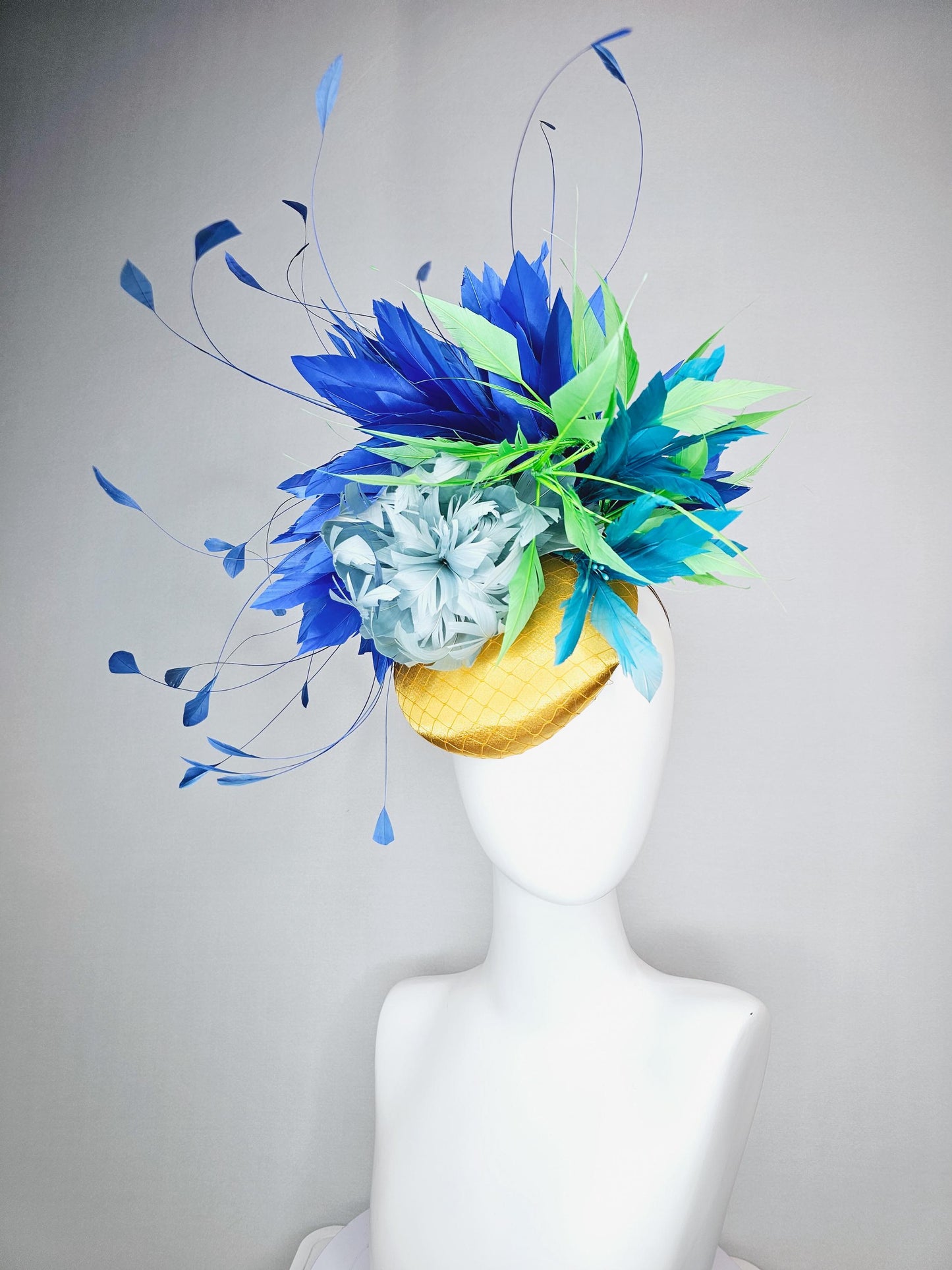 kentucky derby hat fascinator colorful yellow satin with netting light blue feather flower emerald green royal turquoise blue feathers