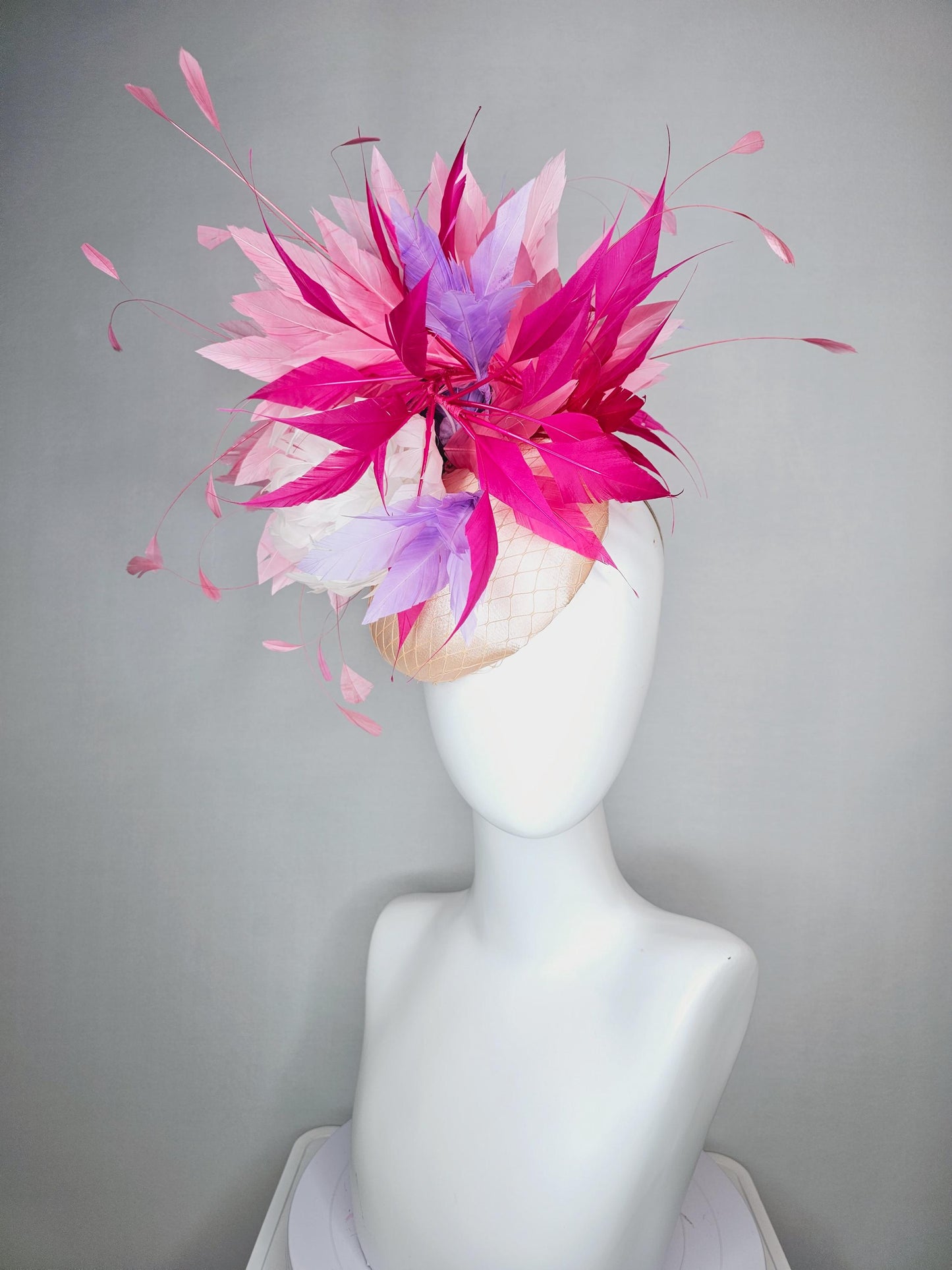 kentucky derby hat fascinator champagne pink satin with netting fluffy feather flower light pink lavender purple hot pink feathers