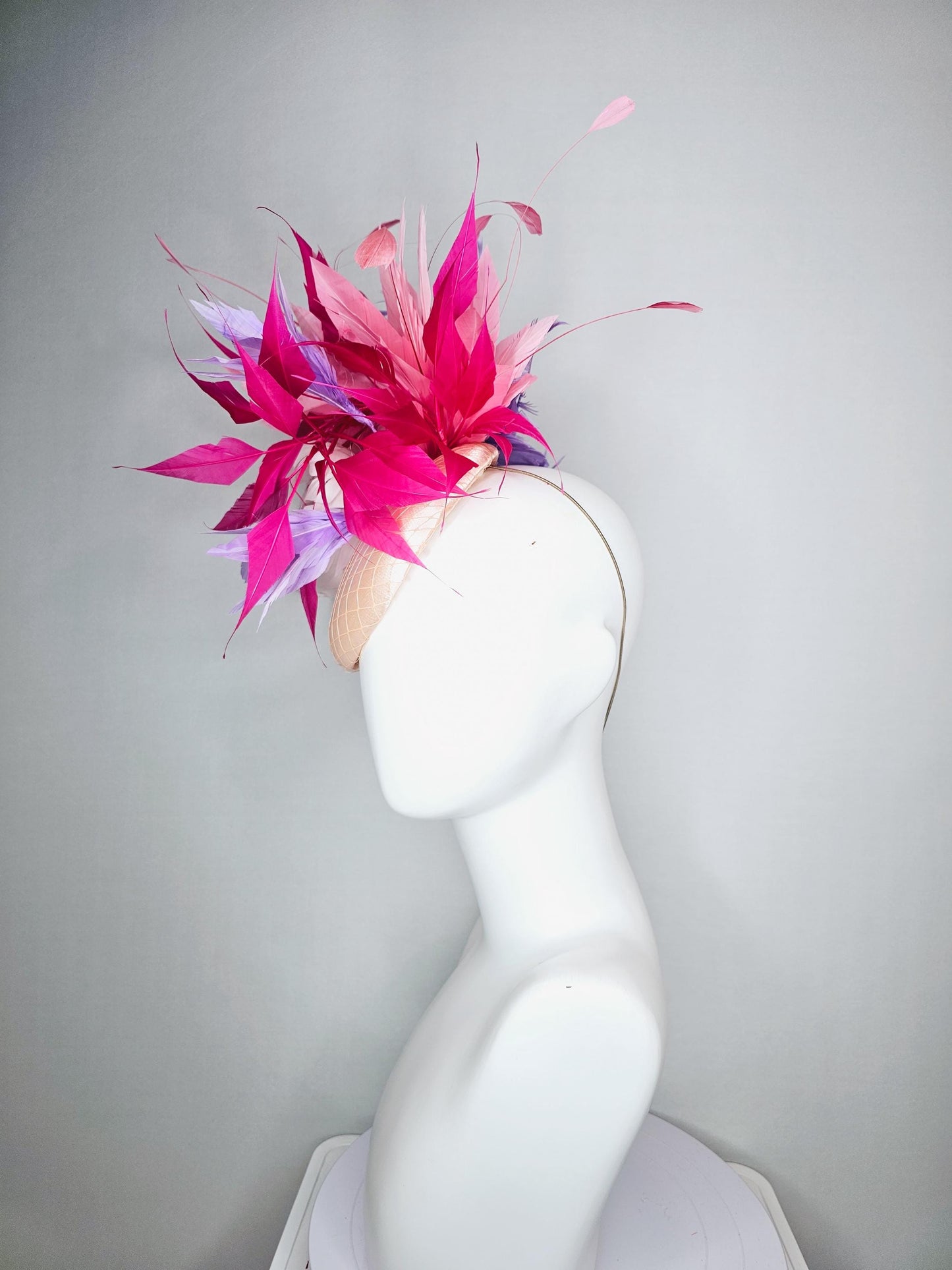 kentucky derby hat fascinator champagne pink satin with netting fluffy feather flower light pink lavender purple hot pink feathers