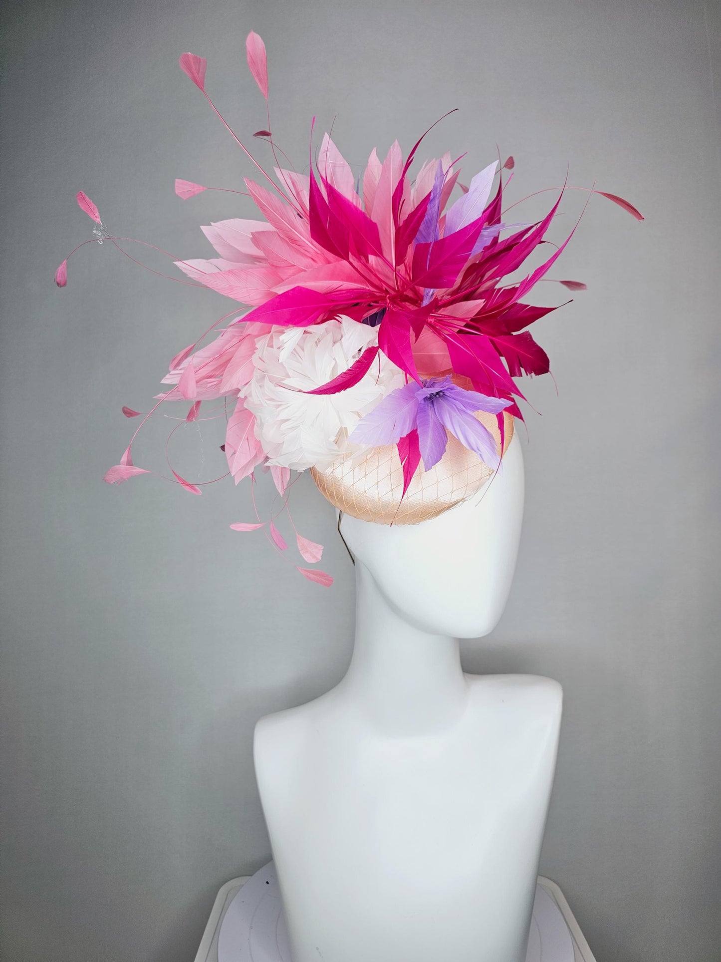 kentucky derby hat fascinator champagne pink satin with netting fluffy feather flower light pink lavender purple hot pink feathers