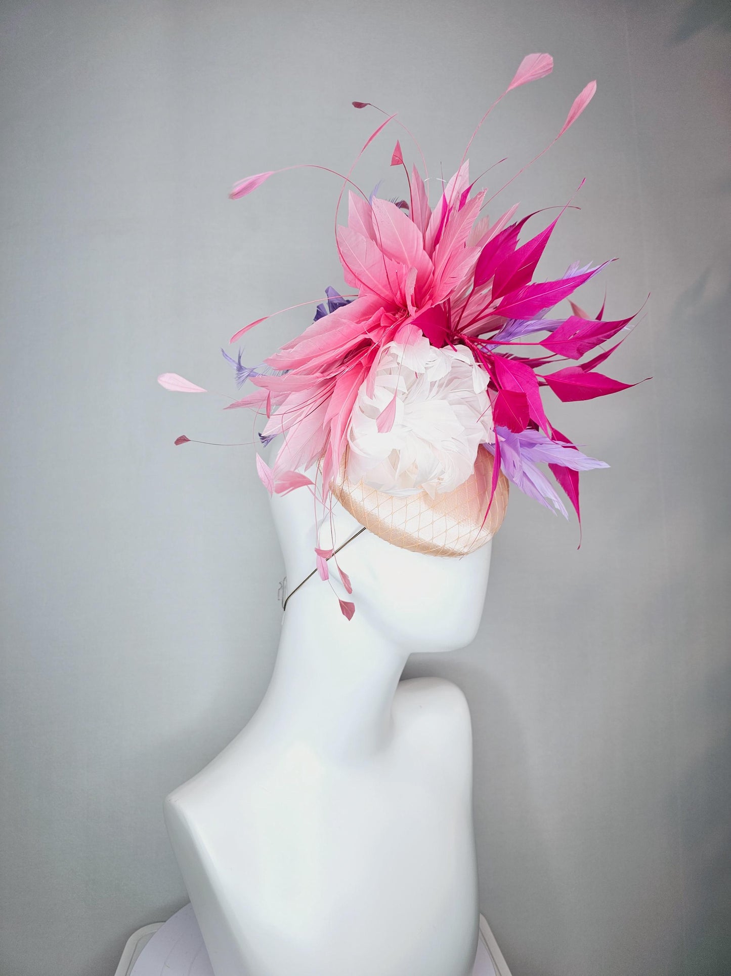 kentucky derby hat fascinator champagne pink satin with netting fluffy feather flower light pink lavender purple hot pink feathers