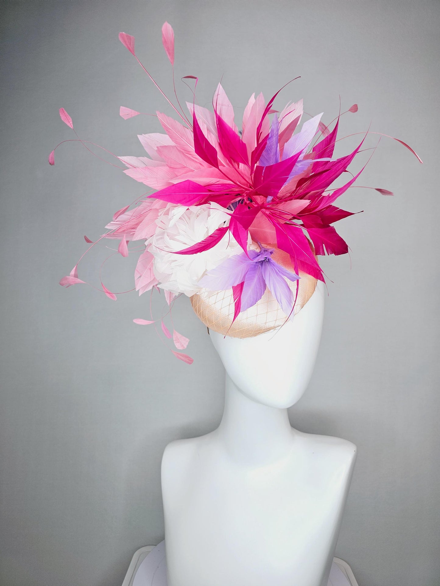 kentucky derby hat fascinator champagne pink satin with netting fluffy feather flower light pink lavender purple hot pink feathers