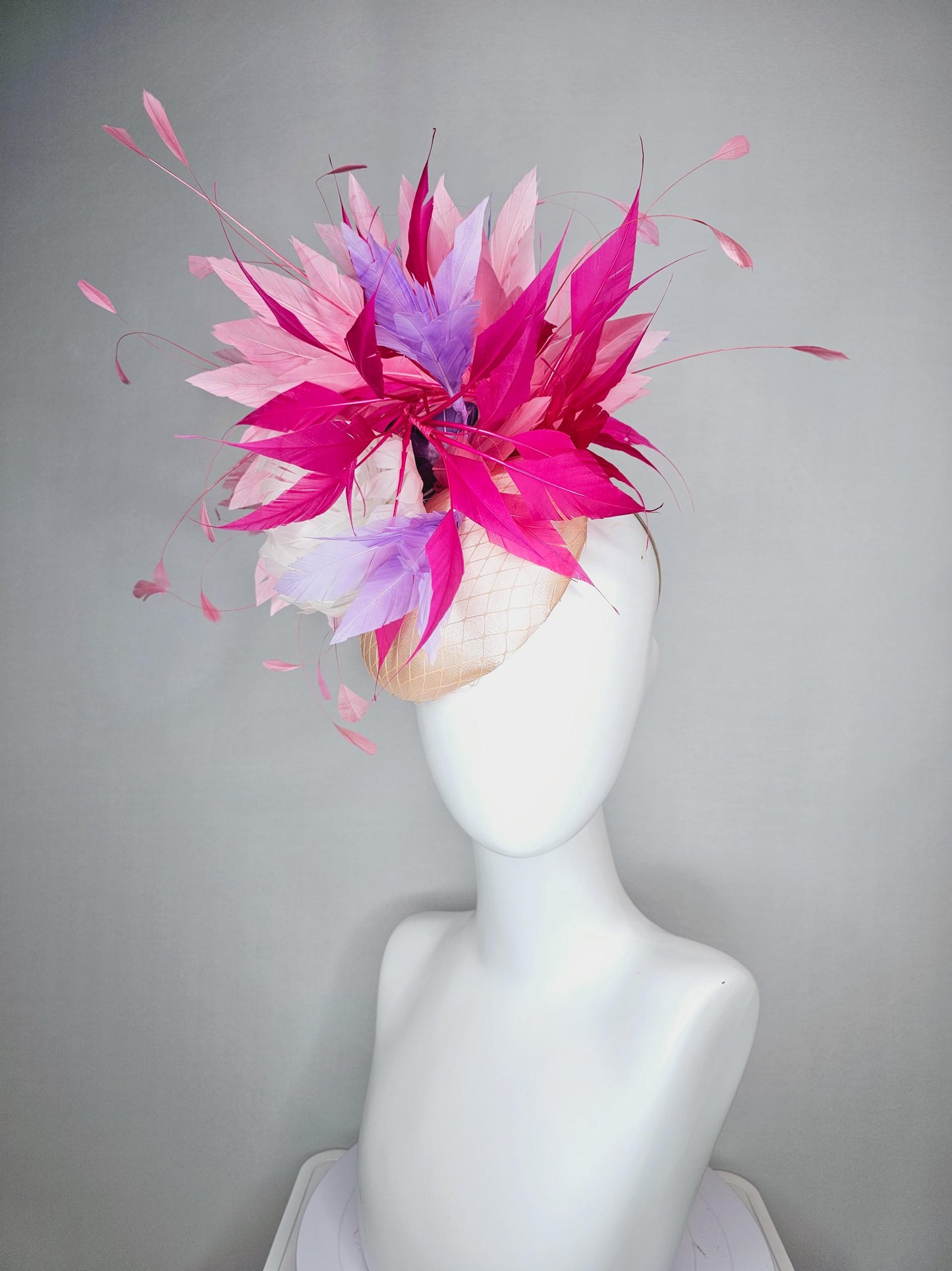 kentucky derby hat fascinator champagne pink satin with netting fluffy feather flower light pink lavender purple hot pink feathers